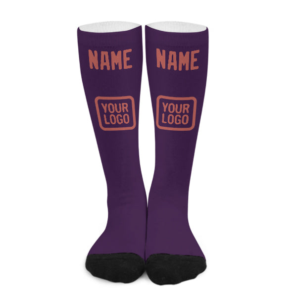 Chaussettes hautes personnalisées violettes et cuivrées à motif rose.