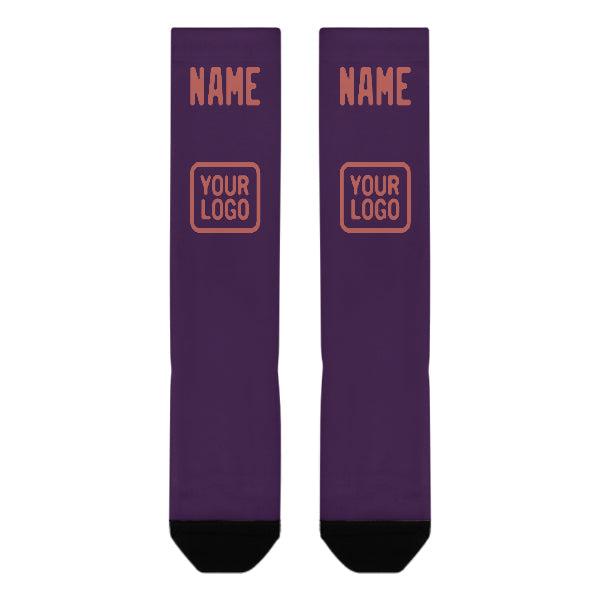 Chaussettes hautes personnalisées violettes et cuivrées à motif rose.