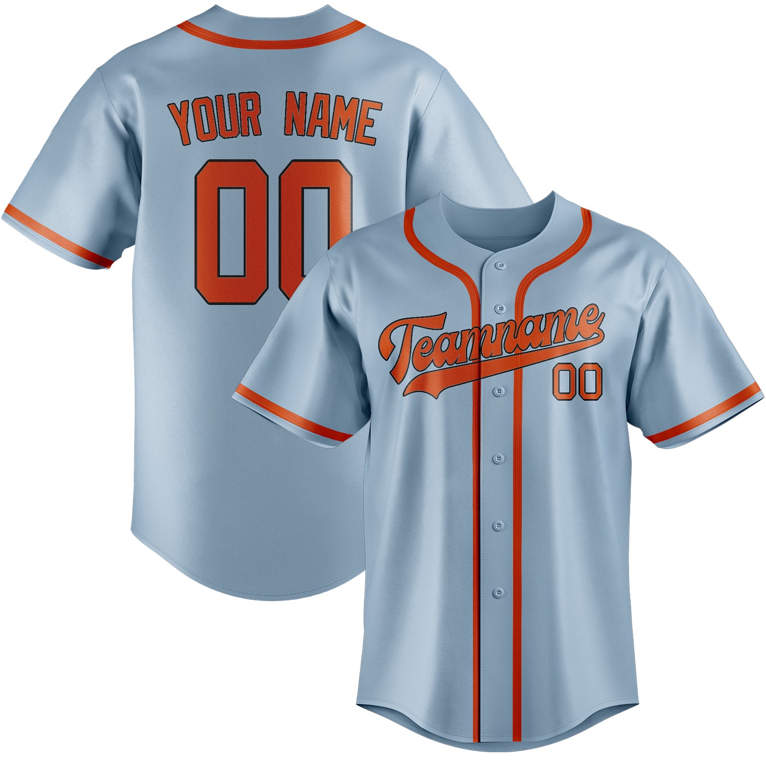 Maillot de baseball personnalisé bleu clair, orange et rouge