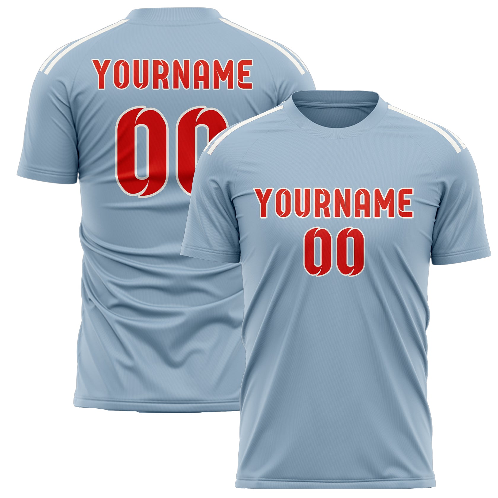 Maillot de football personnalisé bleu clair, orange et rouge