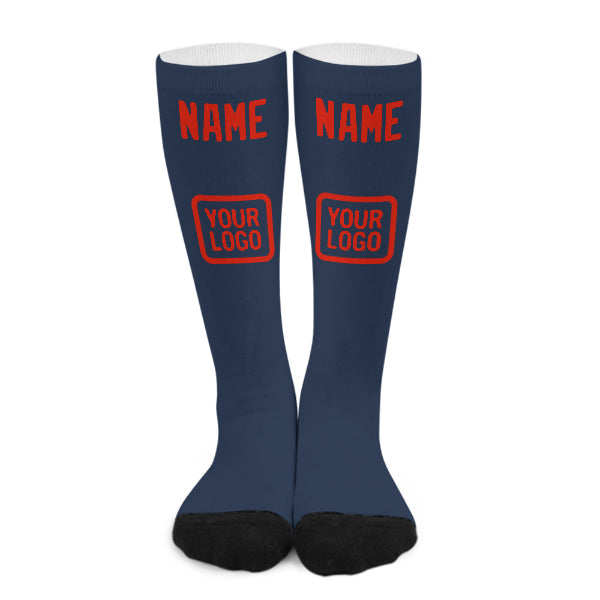 Chaussettes hautes personnalisées bleues, oranges et rouges
