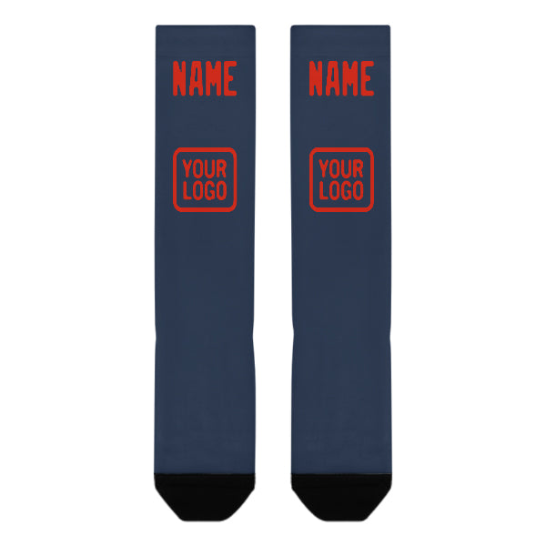 Chaussettes hautes personnalisées bleues, oranges et rouges