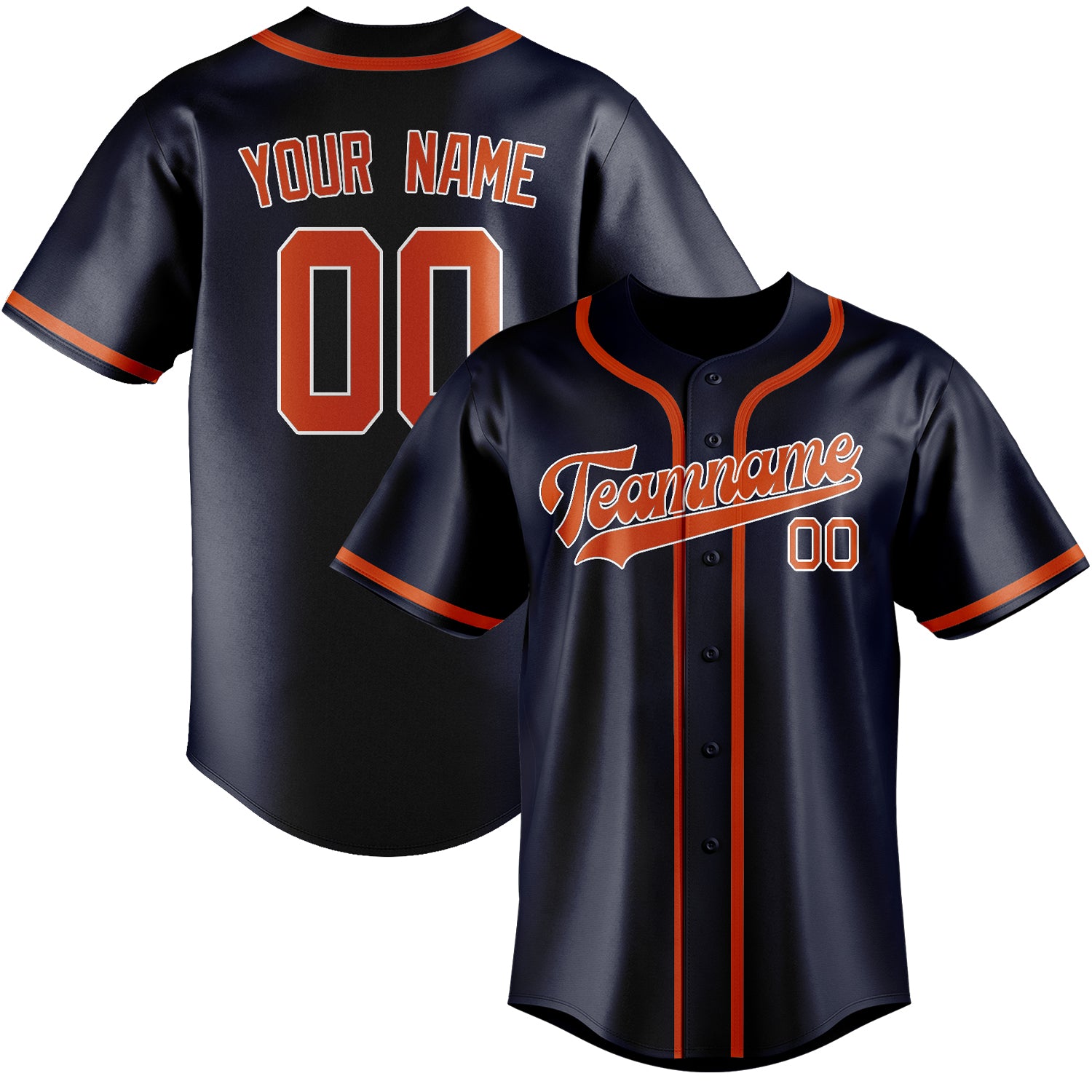 Maillot de baseball personnalisé bleu marine, orange et rouge