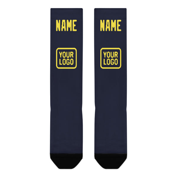 Chaussettes hautes personnalisées bleu marine et jaune clair