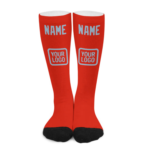 Chaussettes hautes personnalisées orange, rouge et bleu clair