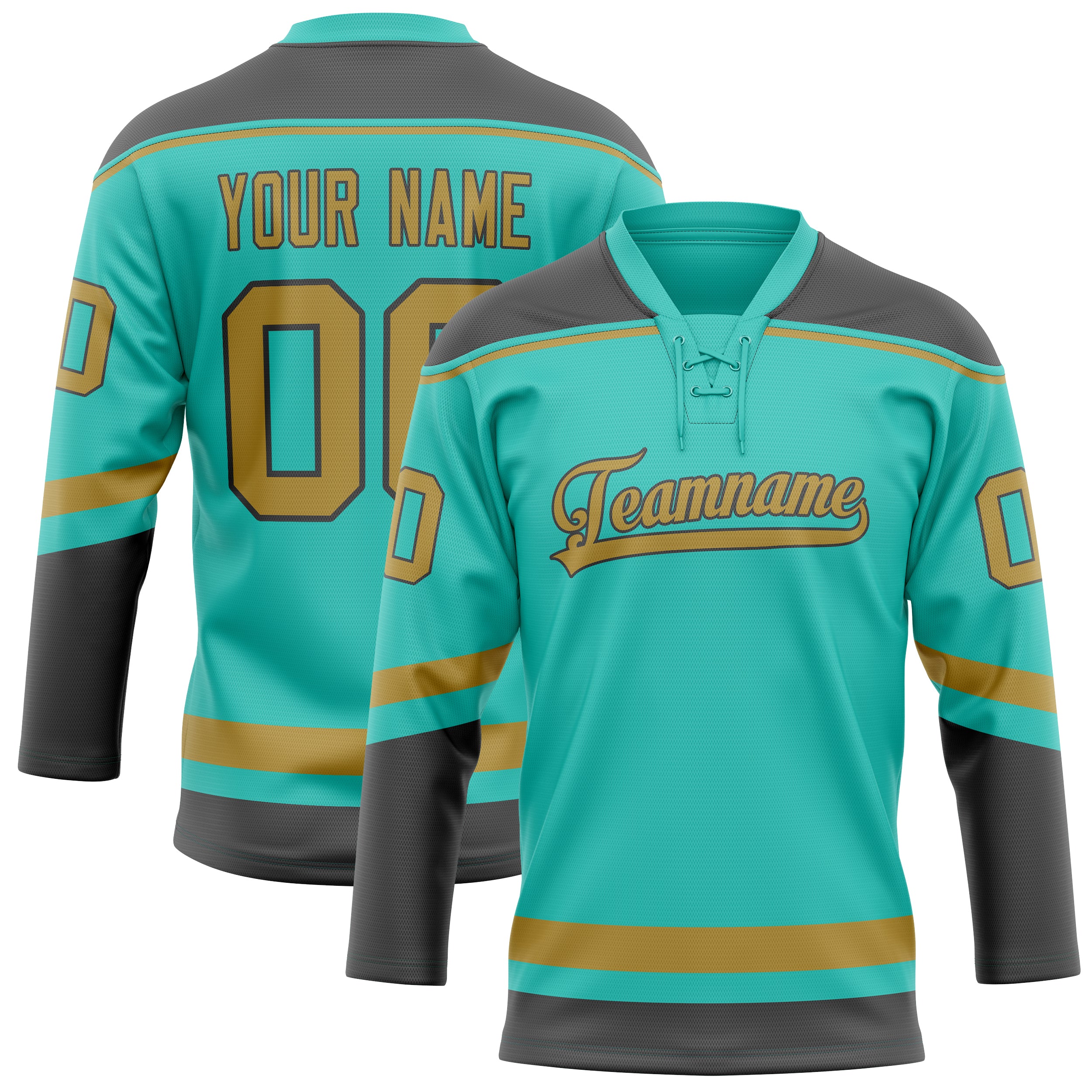 Maillot de hockey personnalisé bleu turquoise et or uni