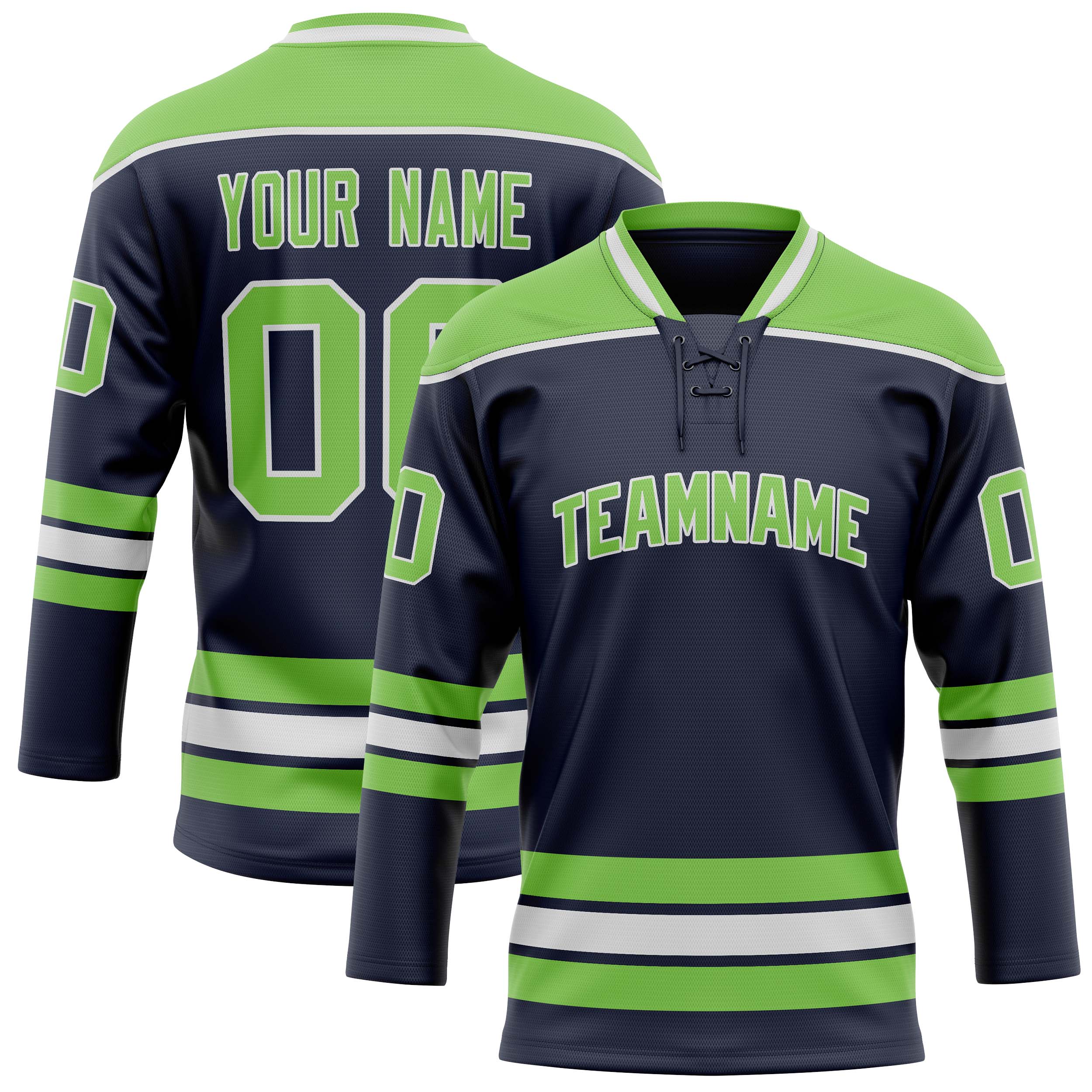 Maillot de hockey personnalisé bleu marine et vert fluo uni