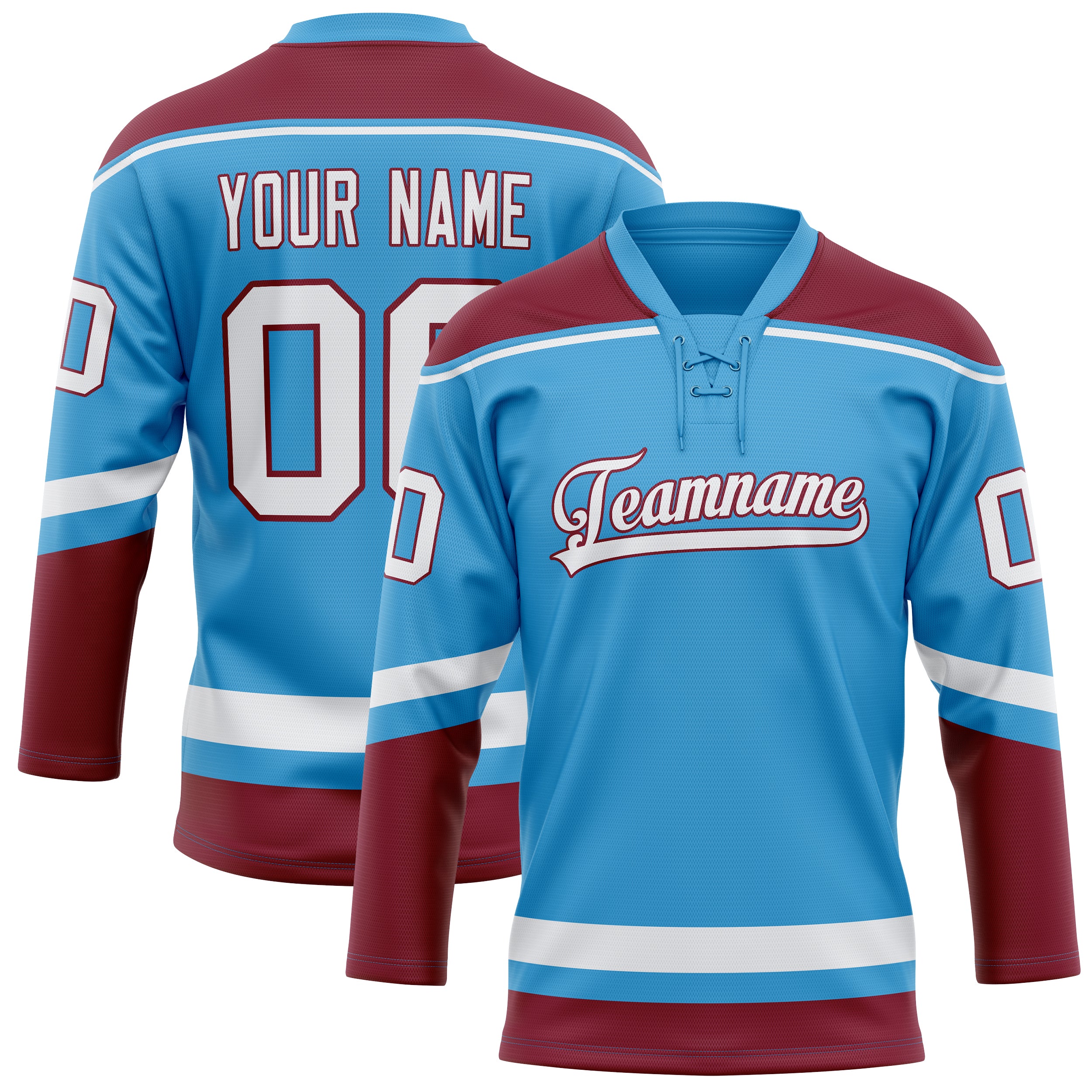 Maillot de hockey personnalisé bleu ciel et bordeaux uni