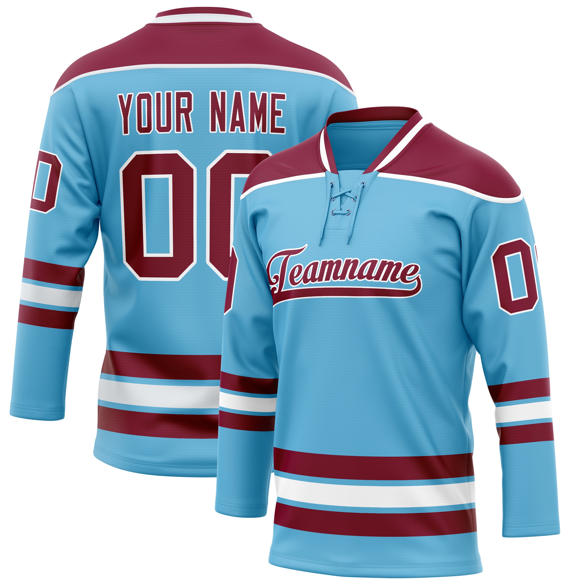 Maillot de hockey personnalisé bleu ciel et bordeaux uni