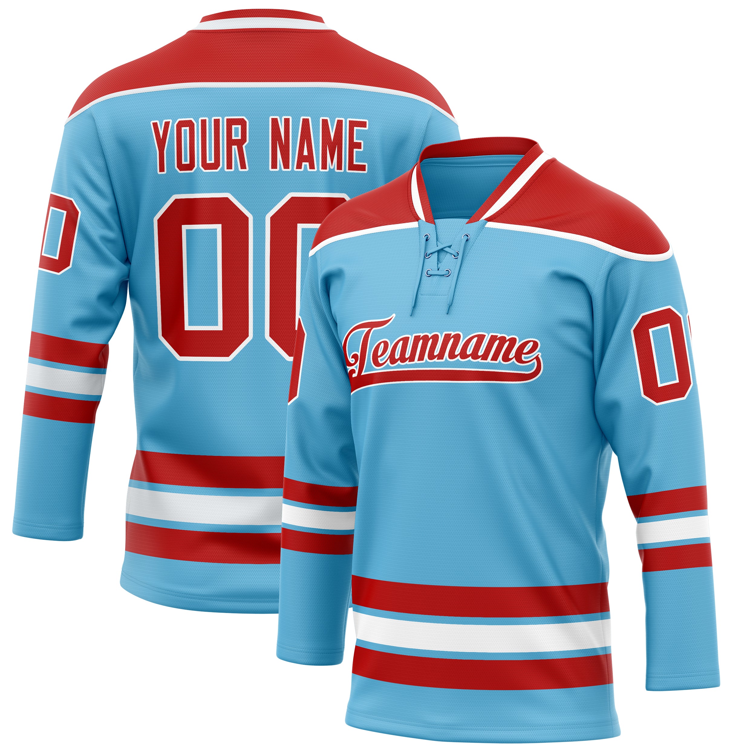 Maillot de hockey personnalisé bleu ciel et rouge uni
