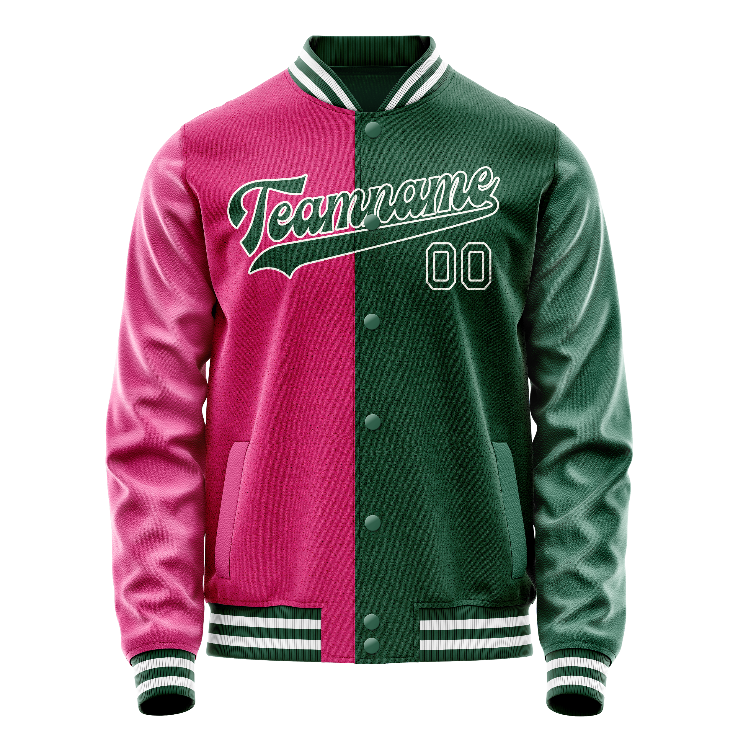 Veste universitaire personnalisée verte et rose bicolore