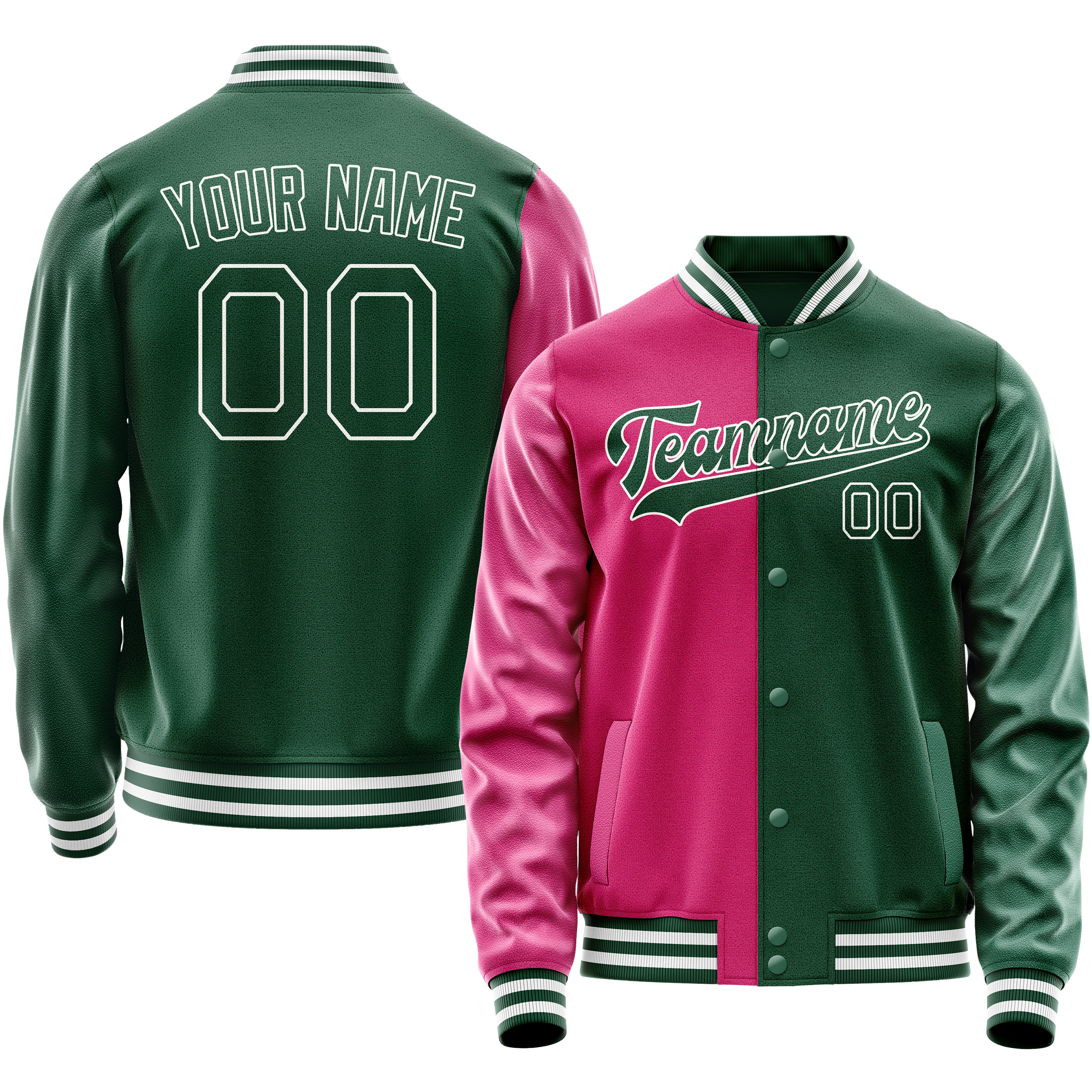 Veste universitaire personnalisée verte et rose bicolore