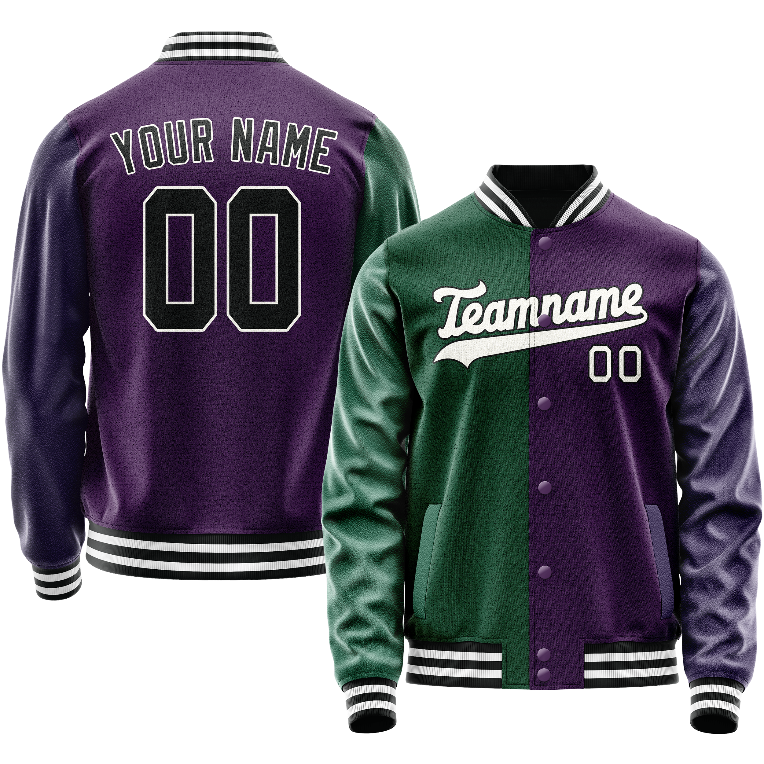 Veste universitaire personnalisée violette et verte bicolore