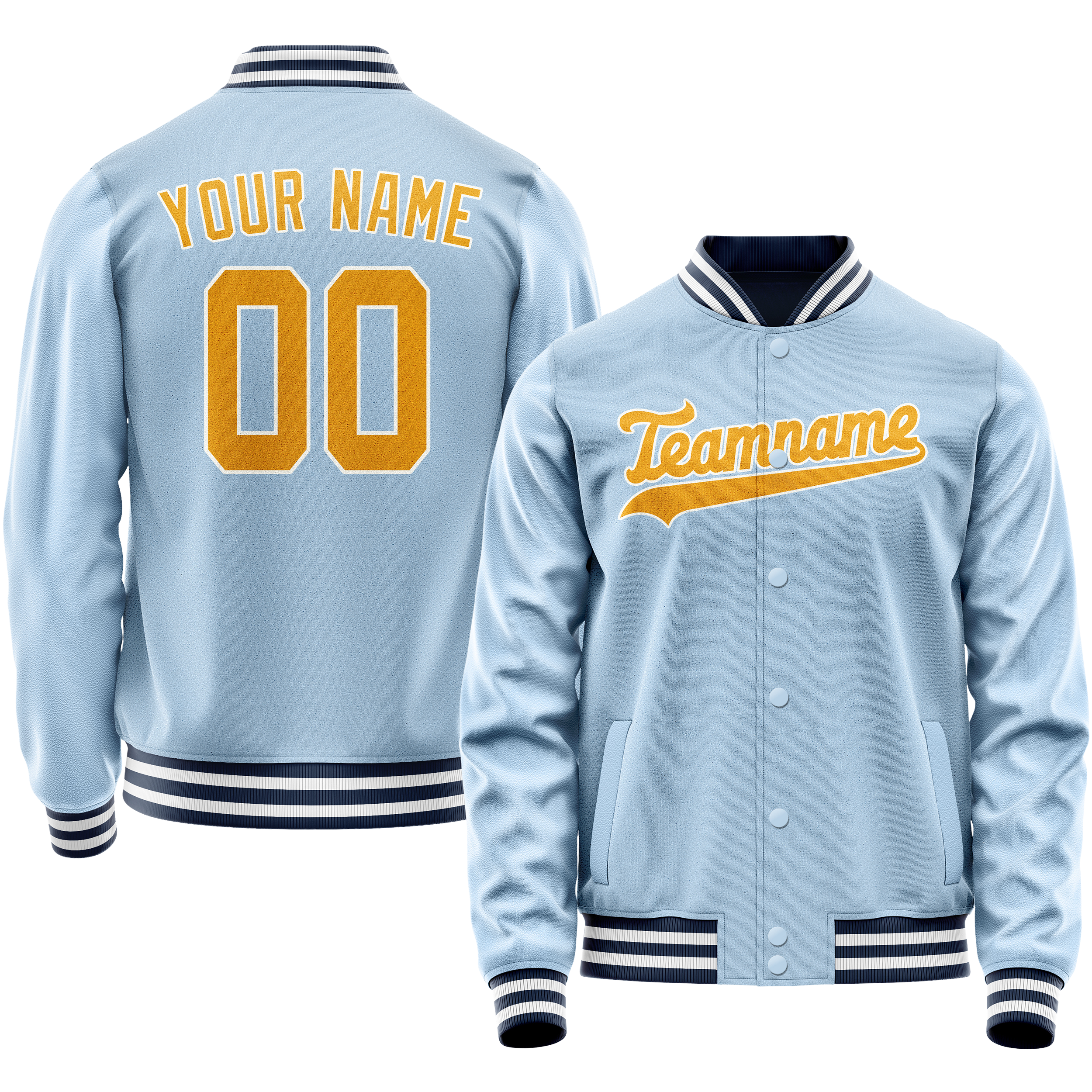 Veste universitaire personnalisée bleu clair et or uni