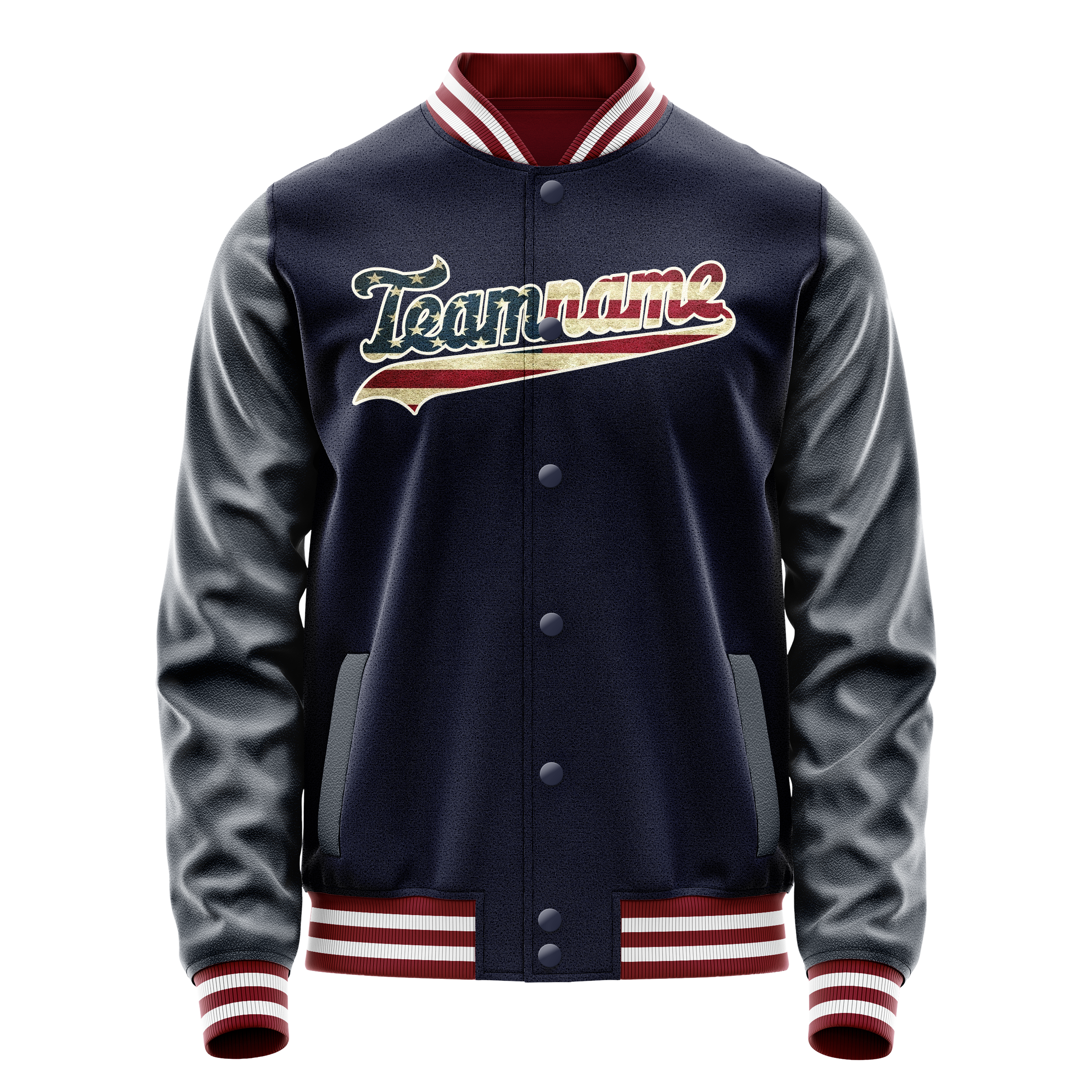 Veste universitaire personnalisée bleu marine crème avec drapeau américain vintage