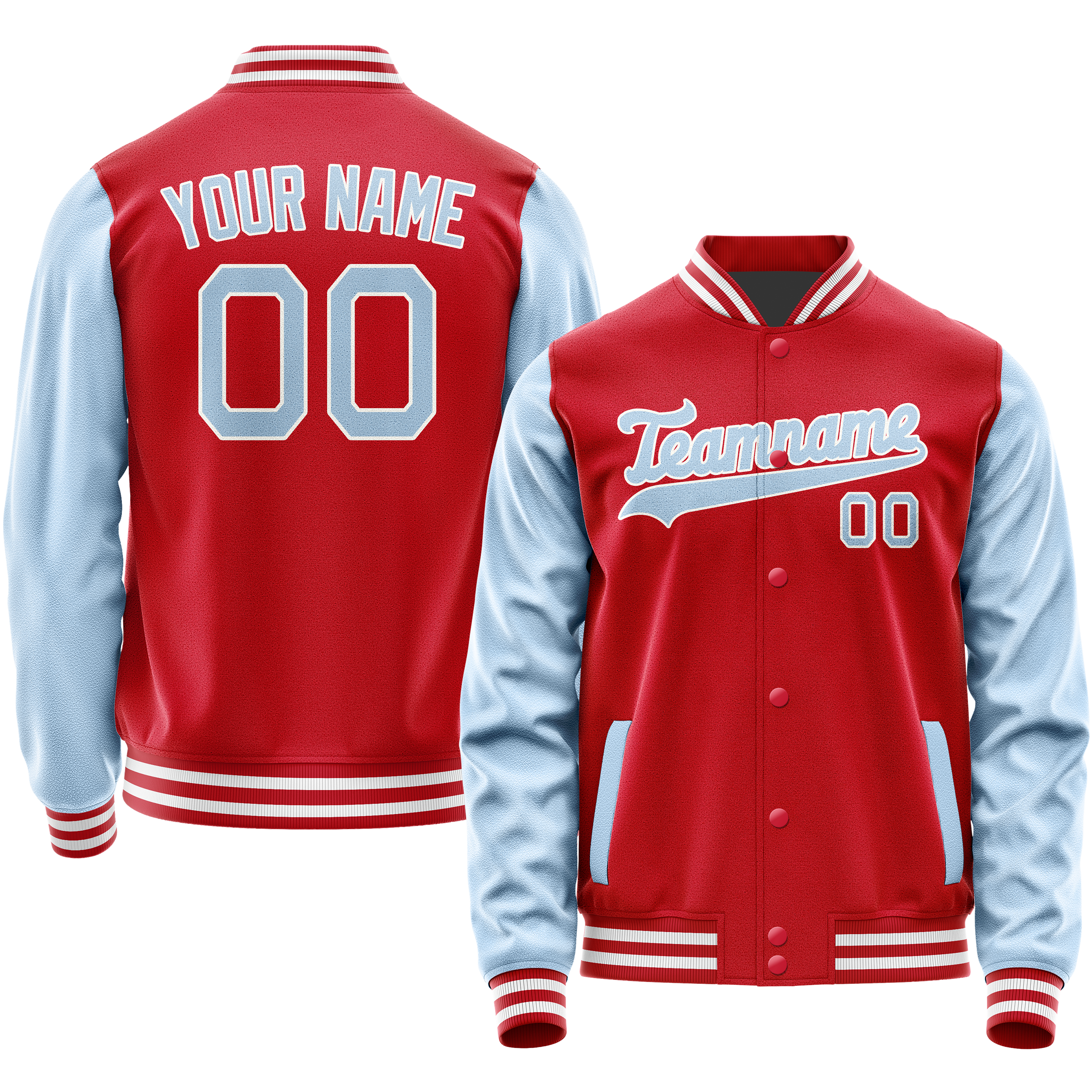 Veste universitaire personnalisée rouge et bleu clair unie