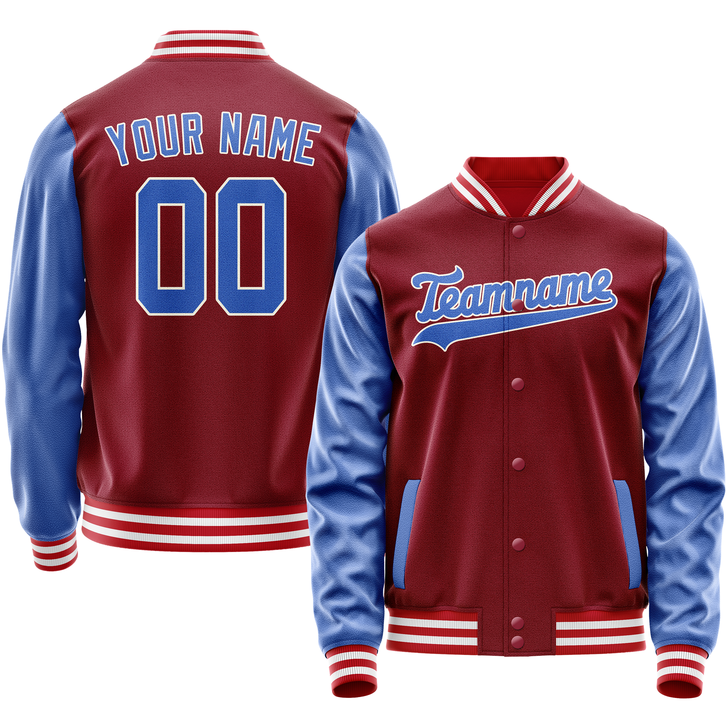 Veste universitaire personnalisée rouge cramoisi et bleu clair unie