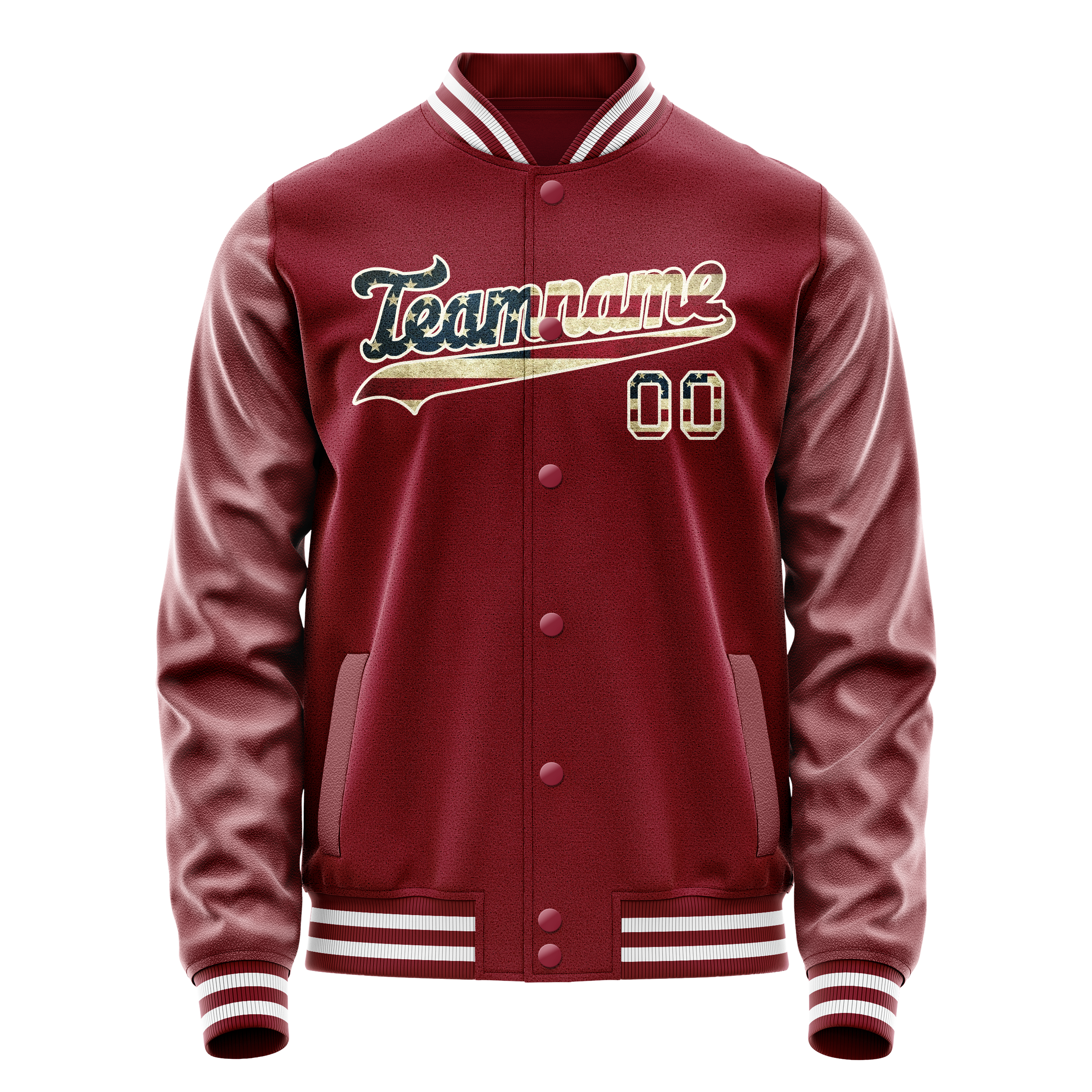 Veste universitaire vintage personnalisée rouge cramoisi et crème avec drapeau américain