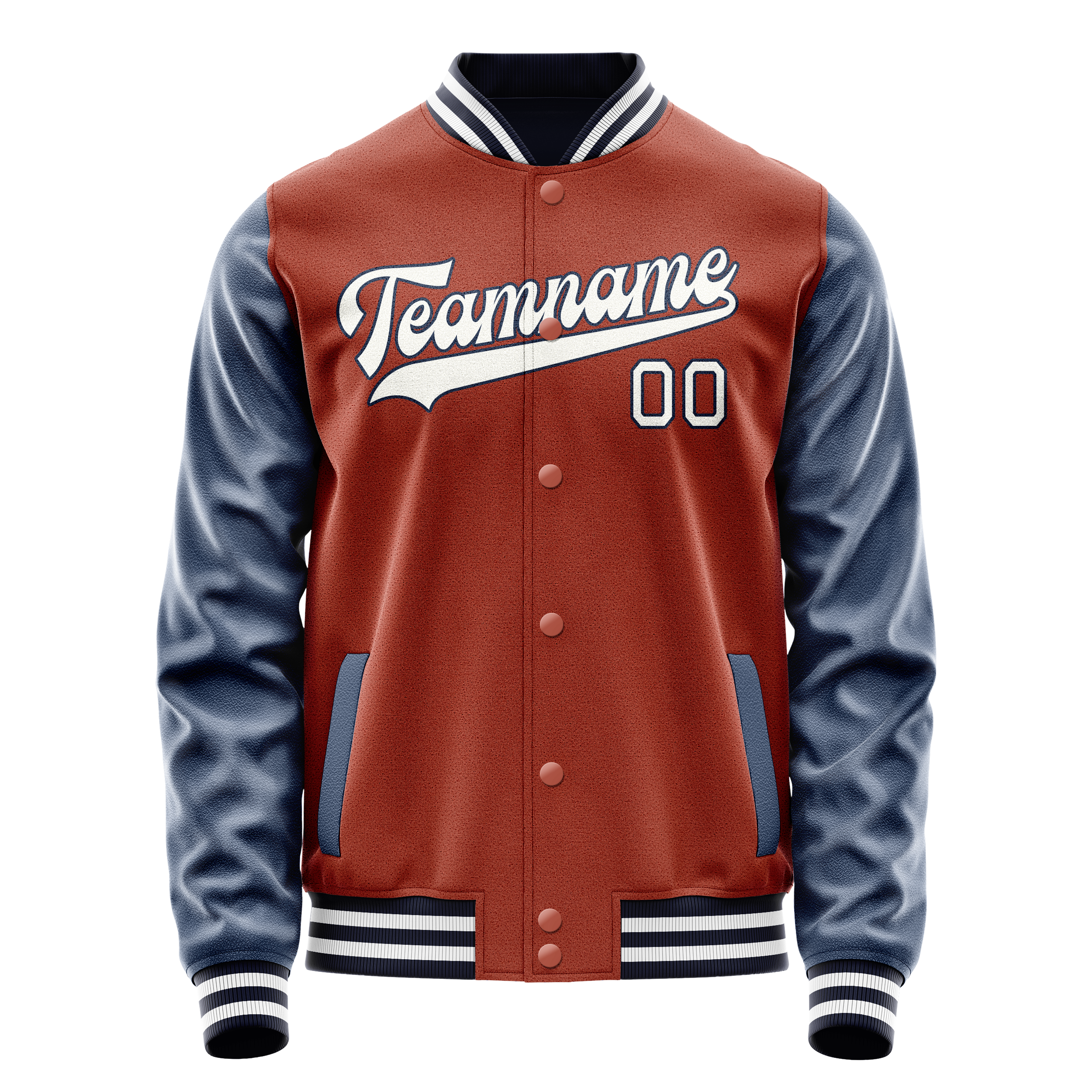 Custom Coral Red Blue Solid Color Varsity Letterman Jacket