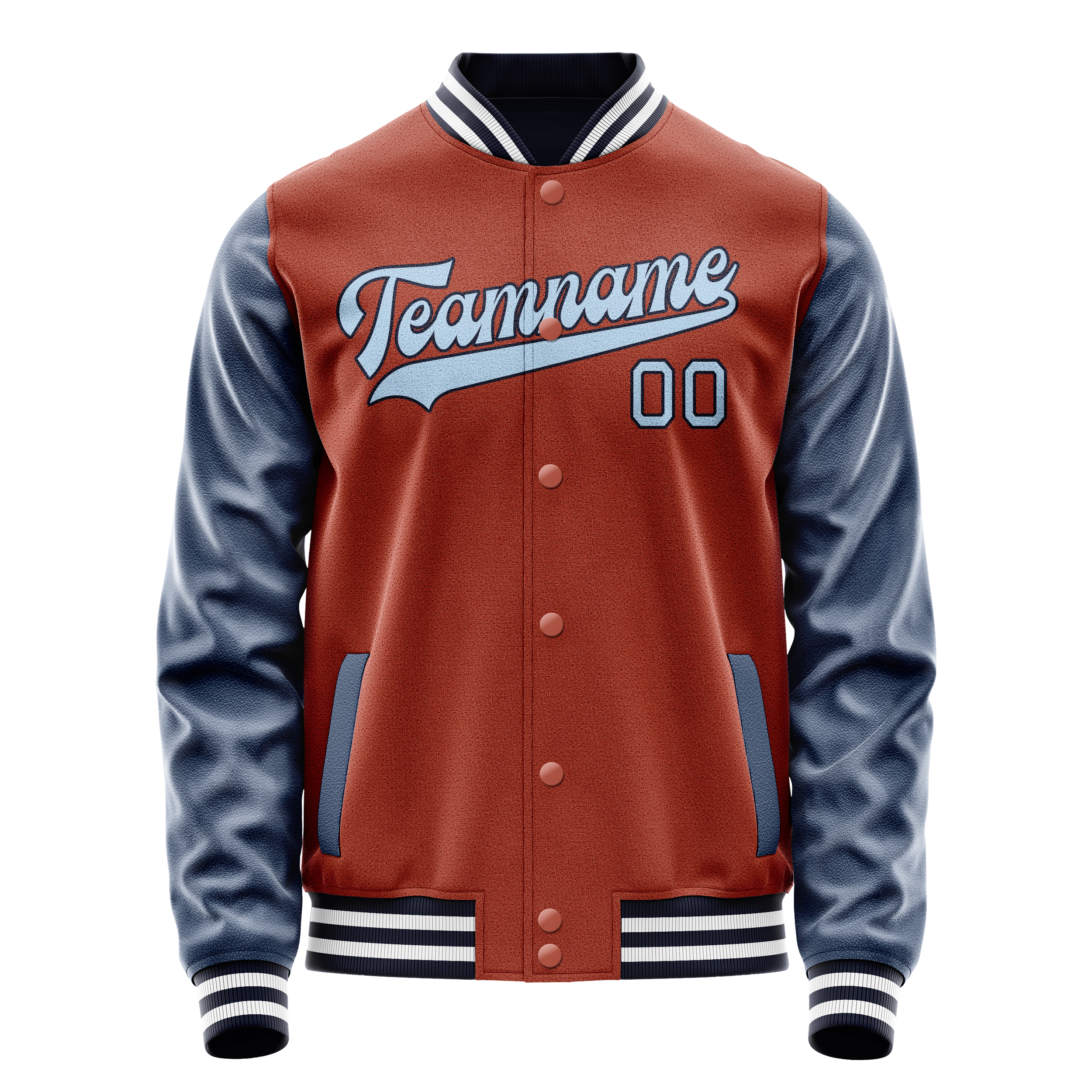 Custom Coral Red Navy Solid Color Varsity Letterman Jacket