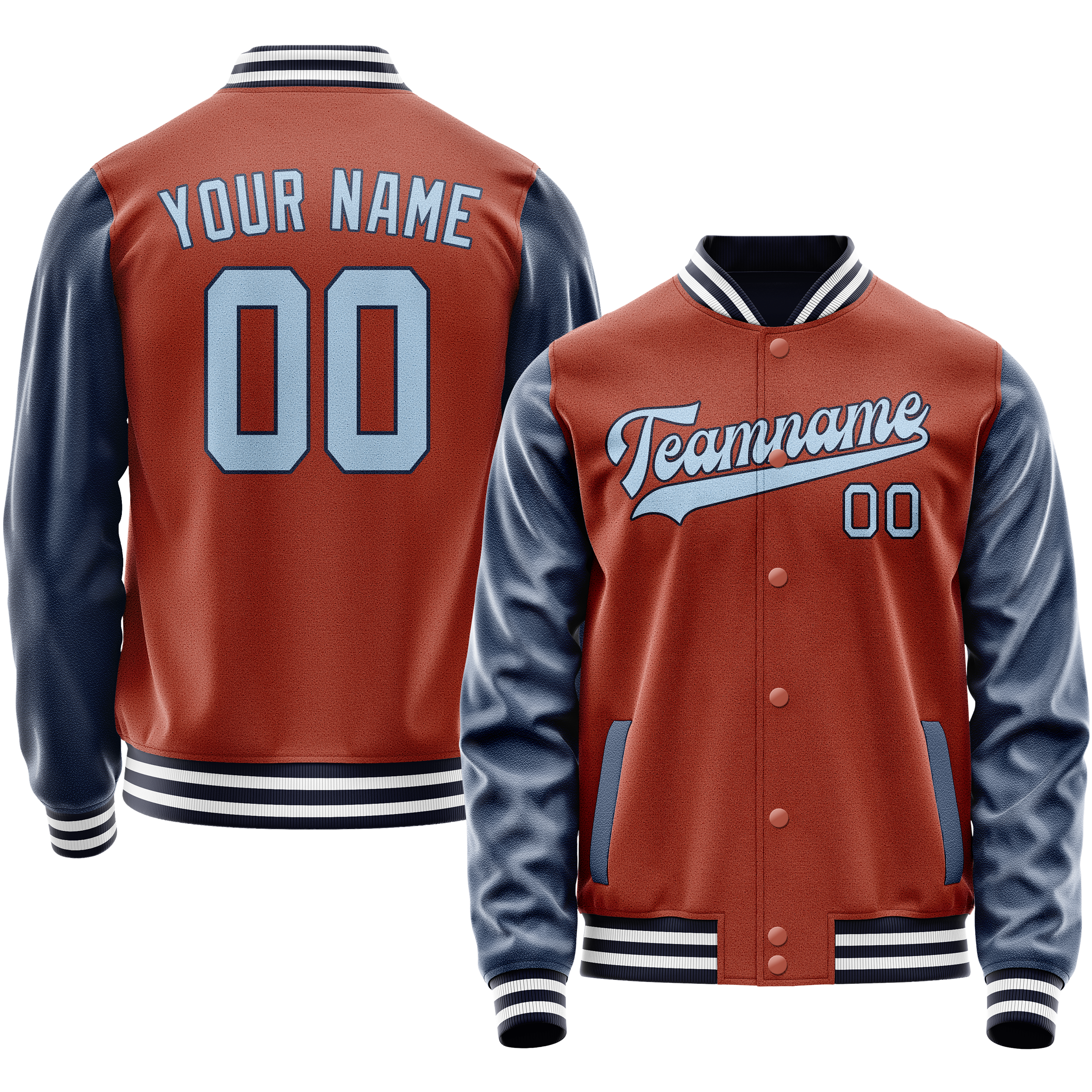 Custom Coral Red Navy Solid Color Varsity Letterman Jacket