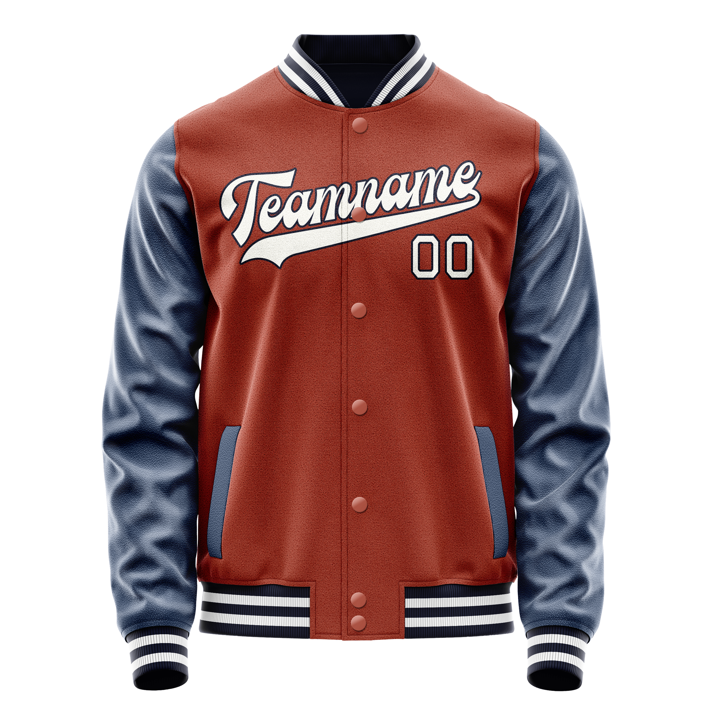 Custom Coral Red Navy Solid Color Varsity Letterman Jacket