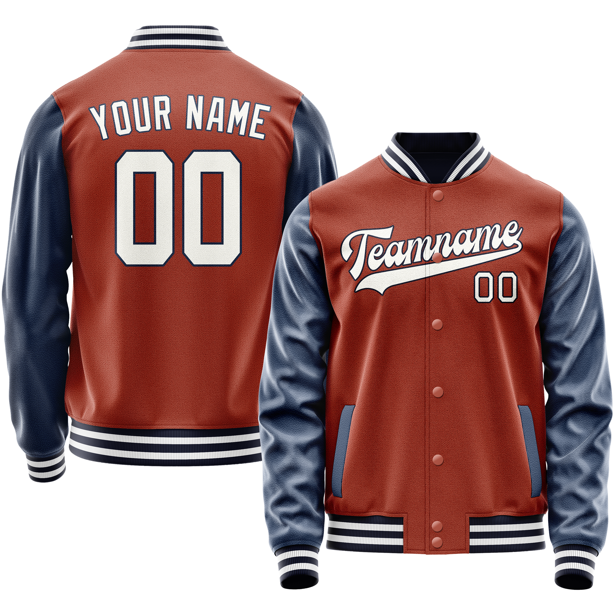 Custom Coral Red Navy Solid Color Varsity Letterman Jacket