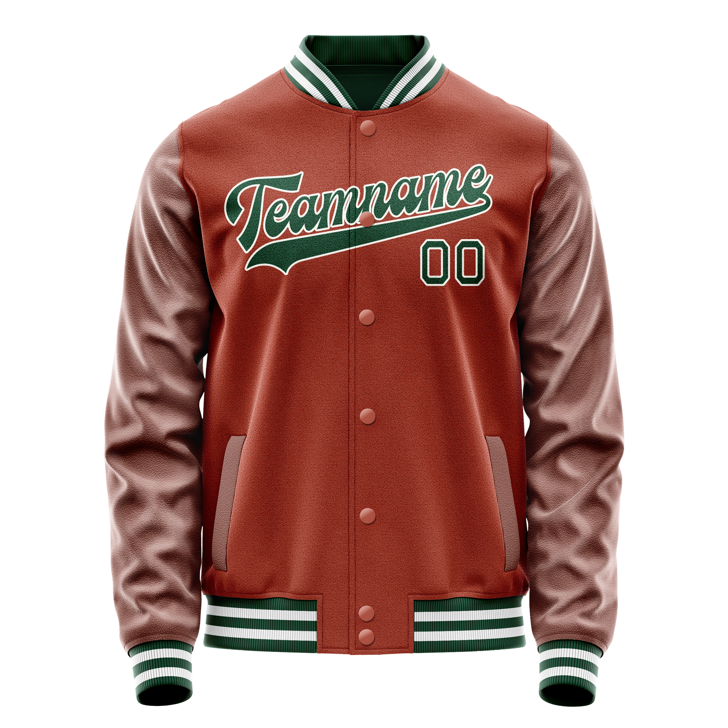 Custom Coral Red Green Solid Color Varsity Letterman Jacket