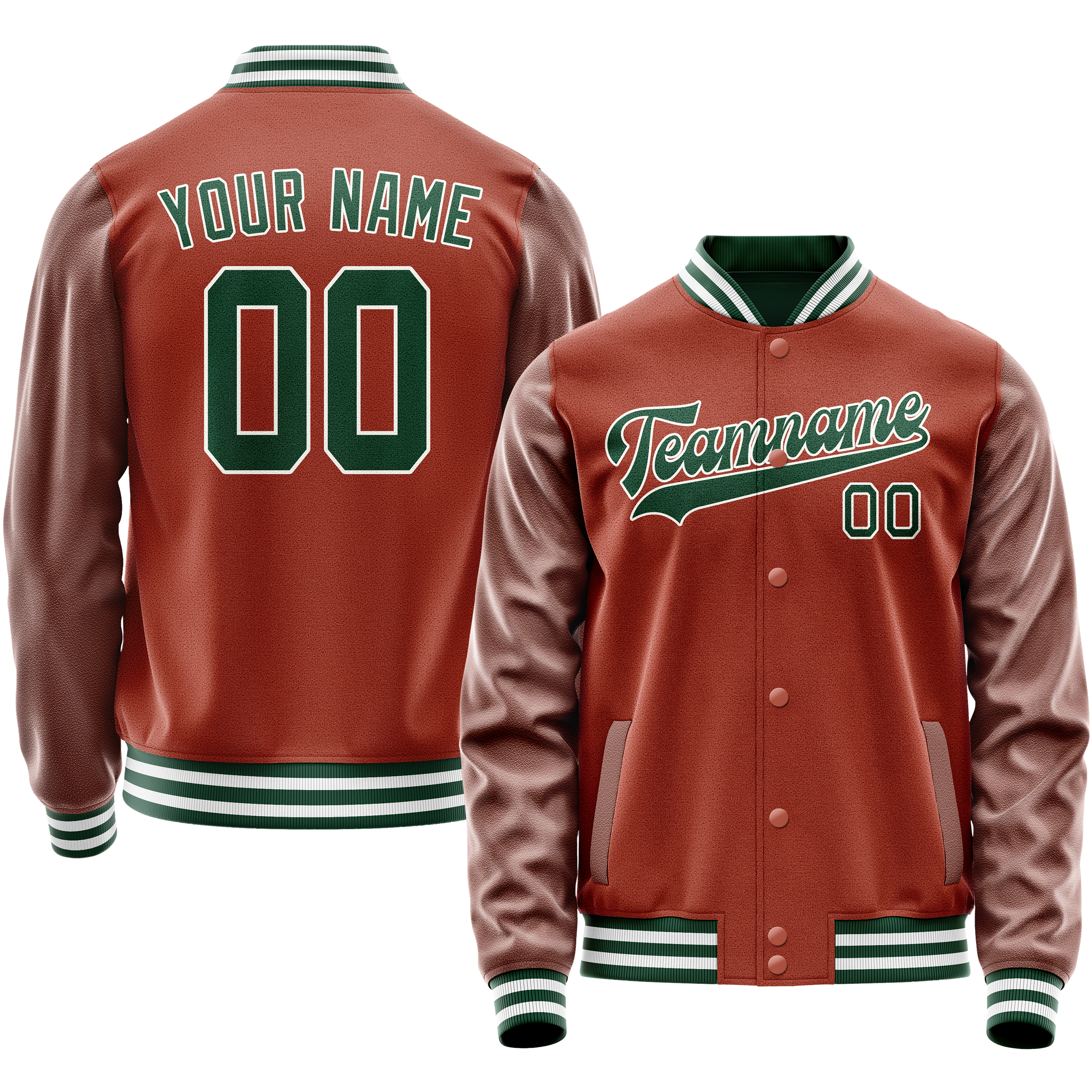 Custom Coral Red Green Solid Color Varsity Letterman Jacket