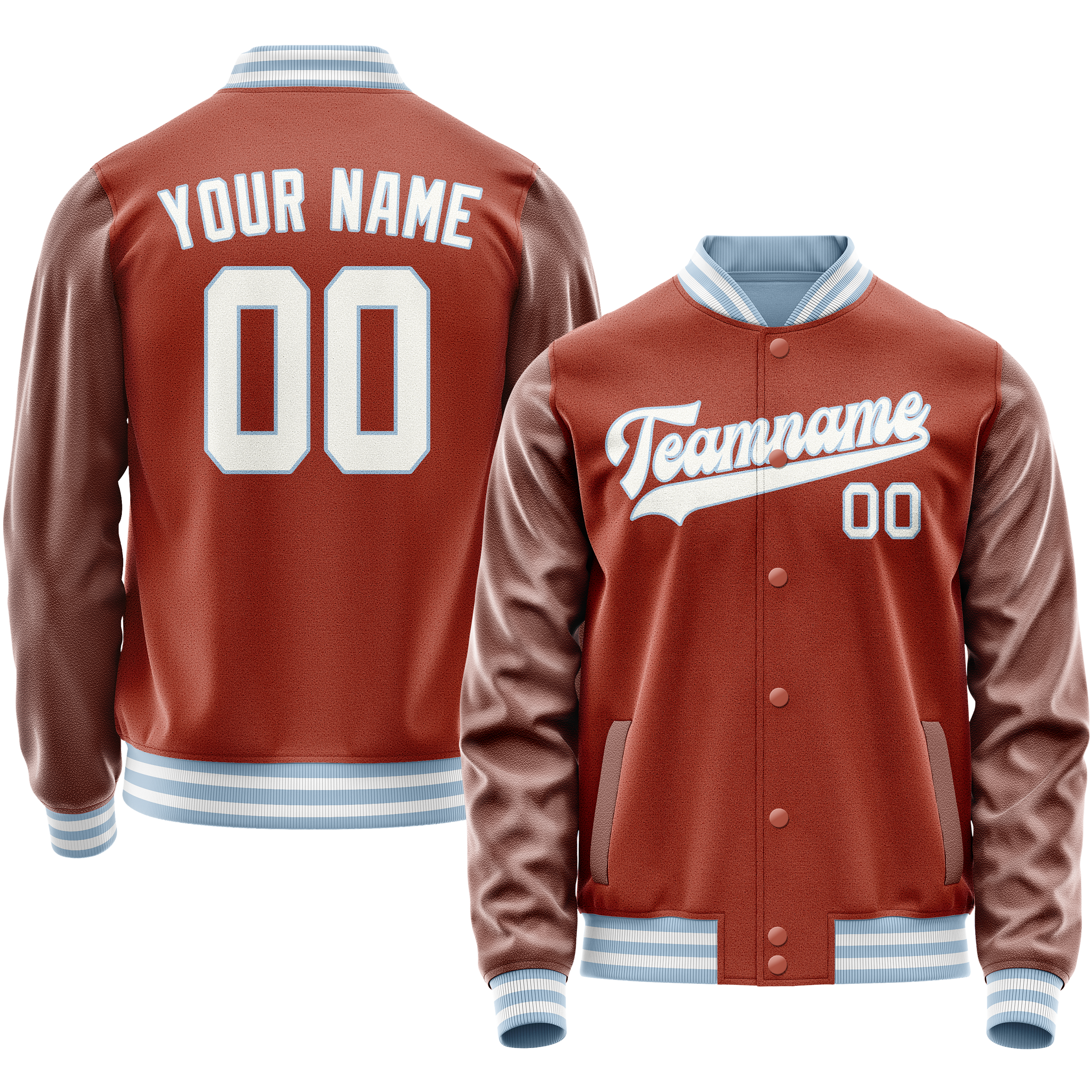 Custom Coral Red White Solid Color Varsity Letterman Jacket