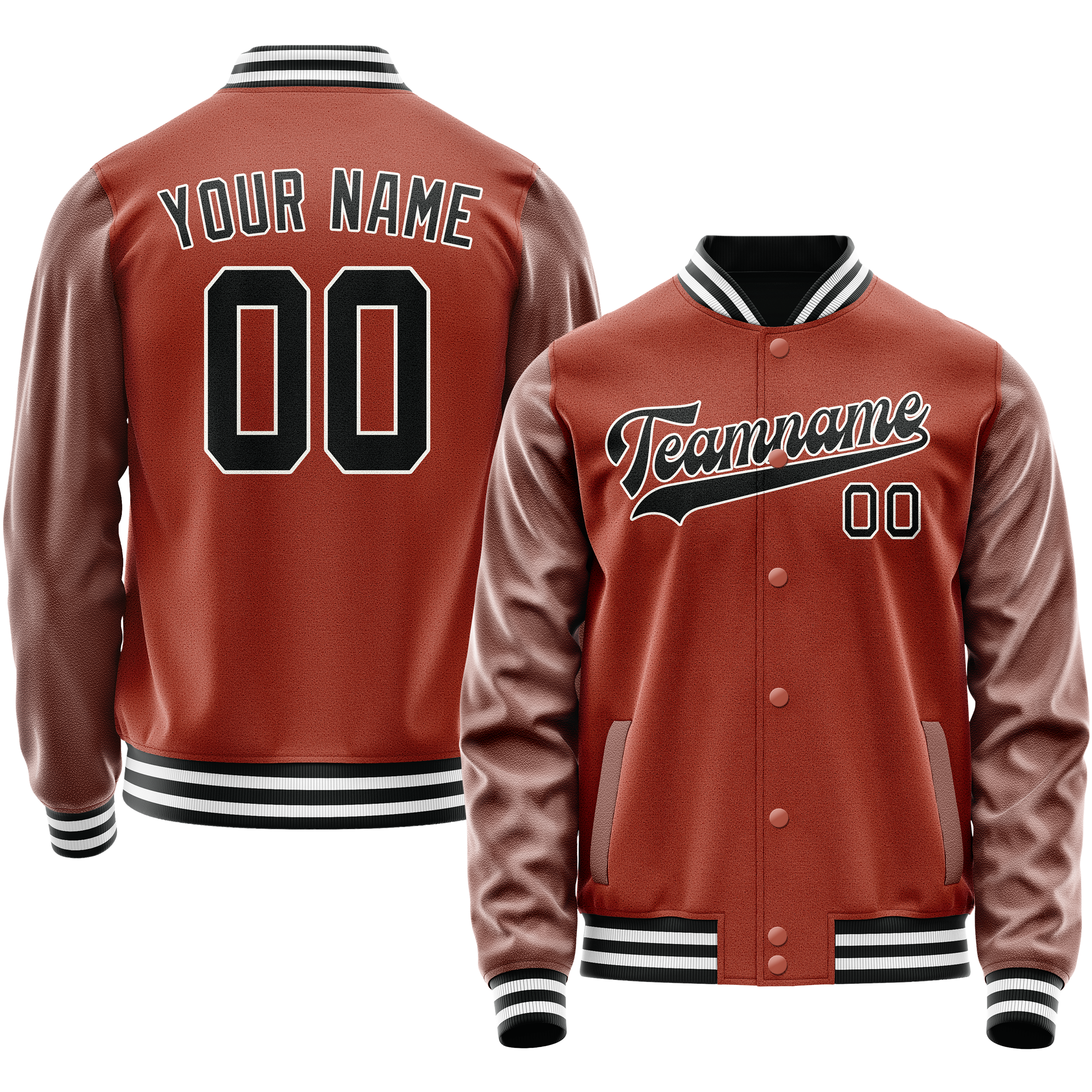 Custom Coral Red Black Solid Color Varsity Letterman Jacket