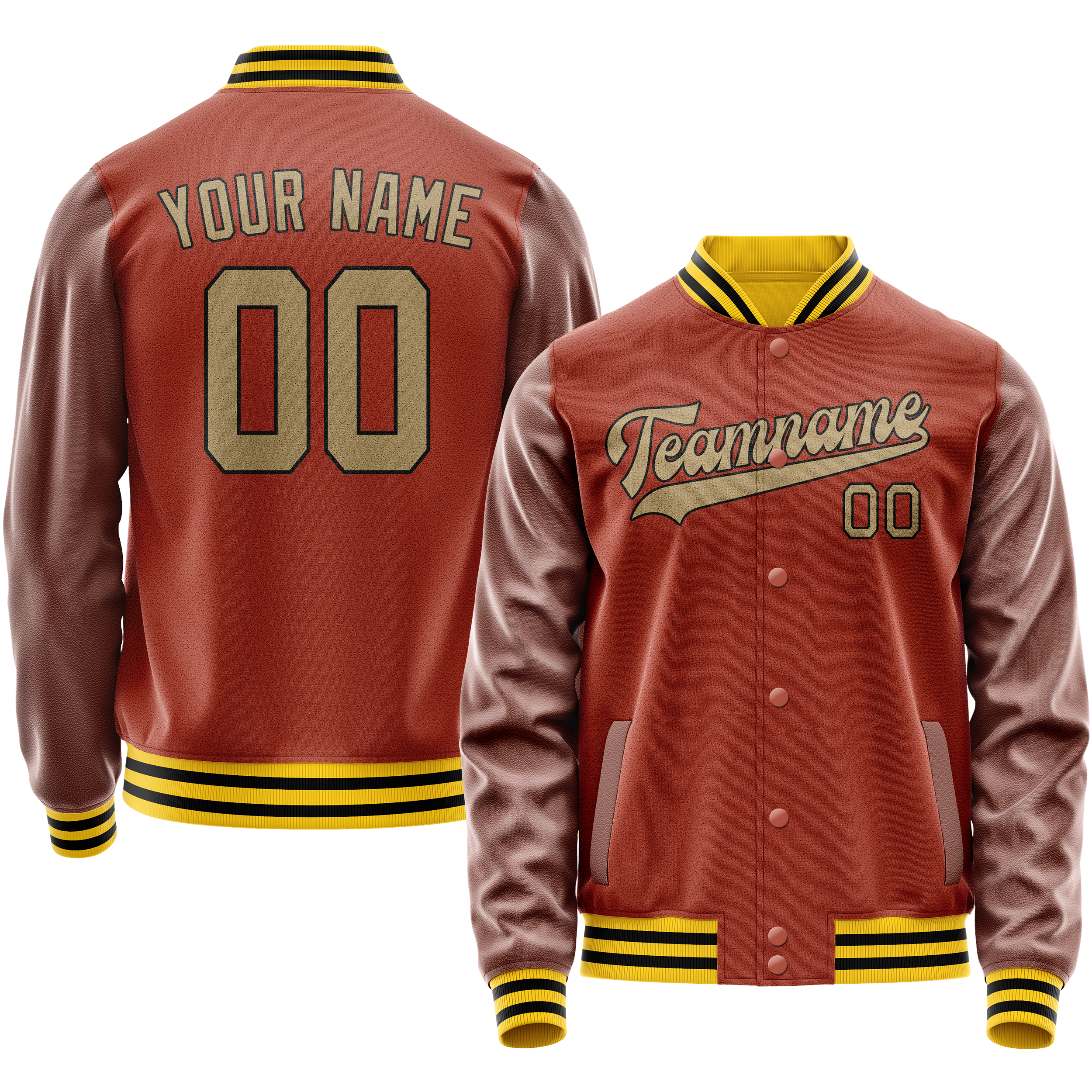 Custom Coral Red Old-Gold Solid Color Varsity Letterman Jacket
