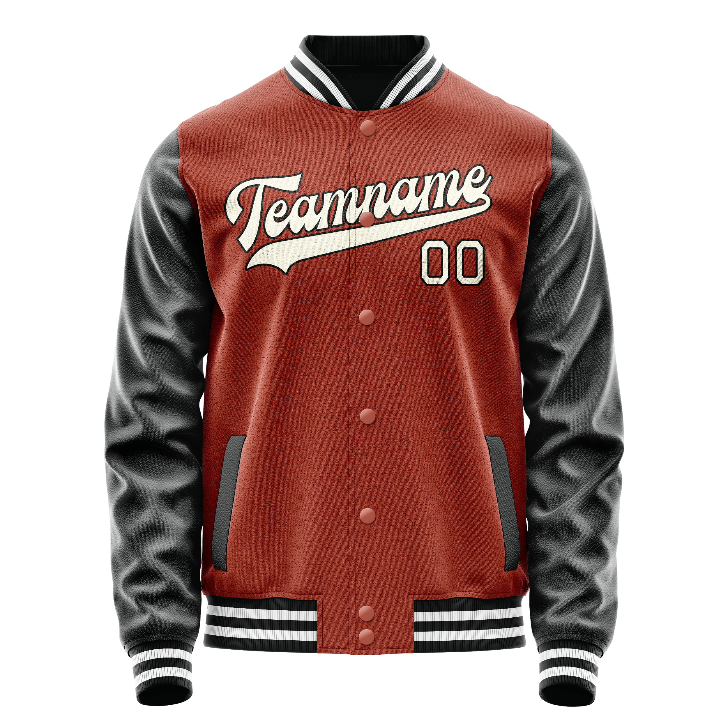 Custom Coral Red Black Solid Color Varsity Letterman Jacket