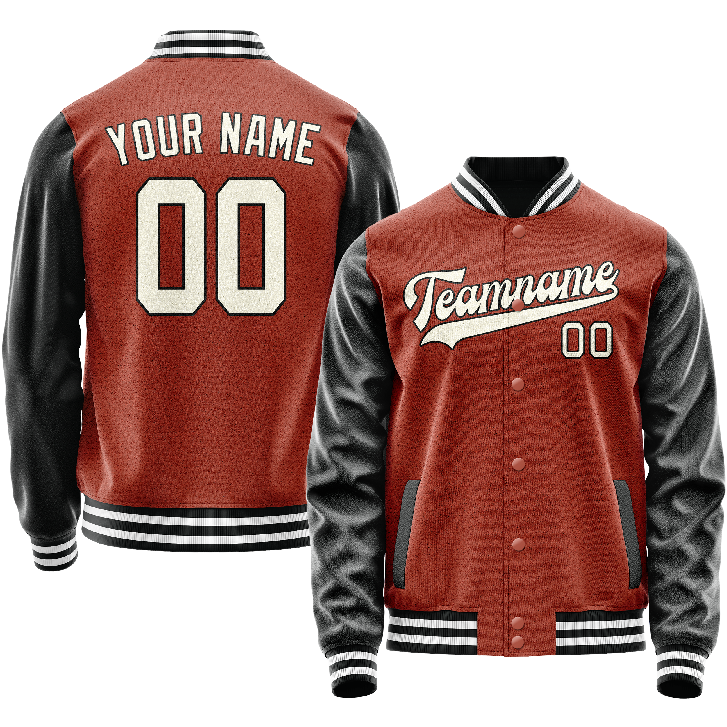 Custom Coral Red Black Solid Color Varsity Letterman Jacket