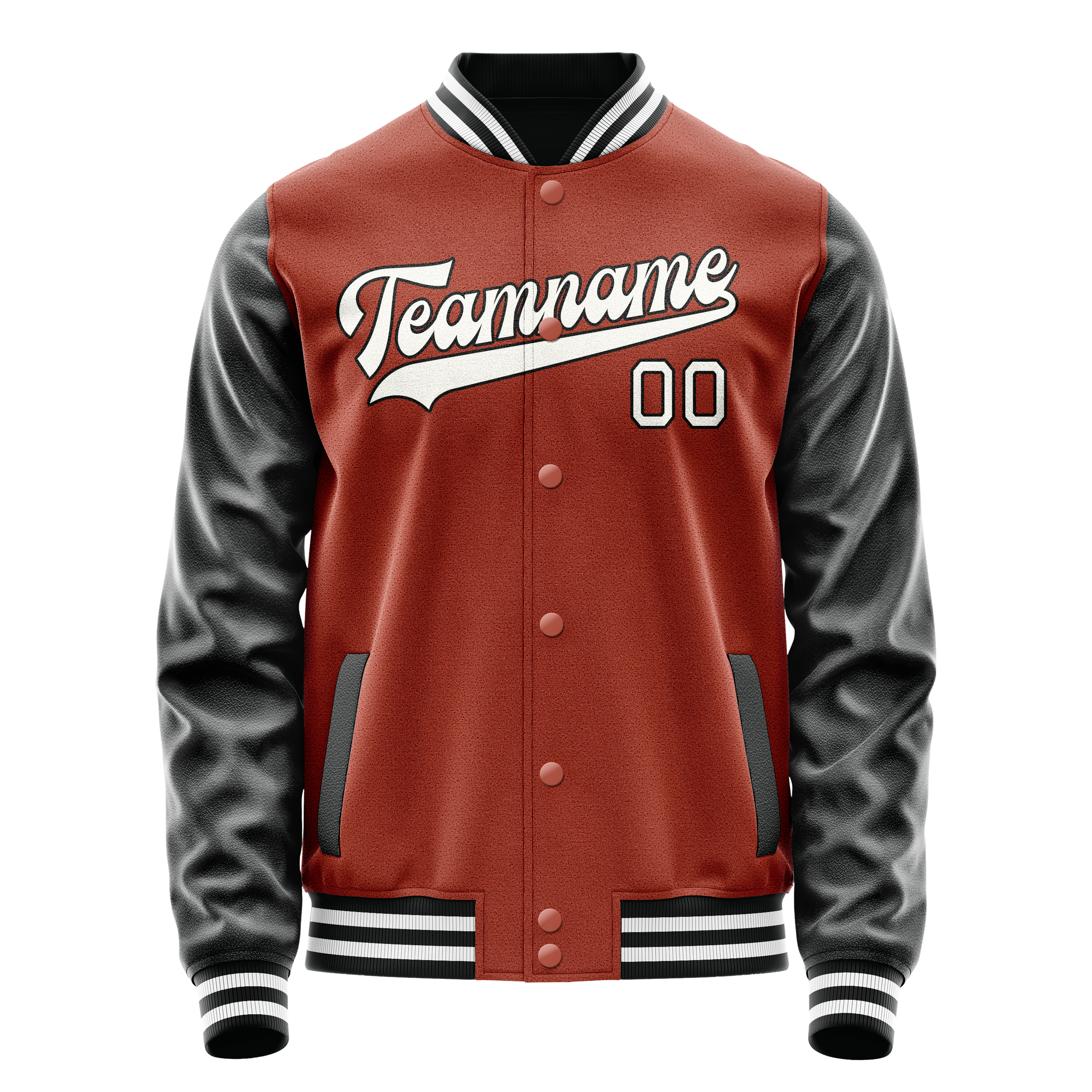 Custom Coral Red Black Solid Color Varsity Letterman Jacket