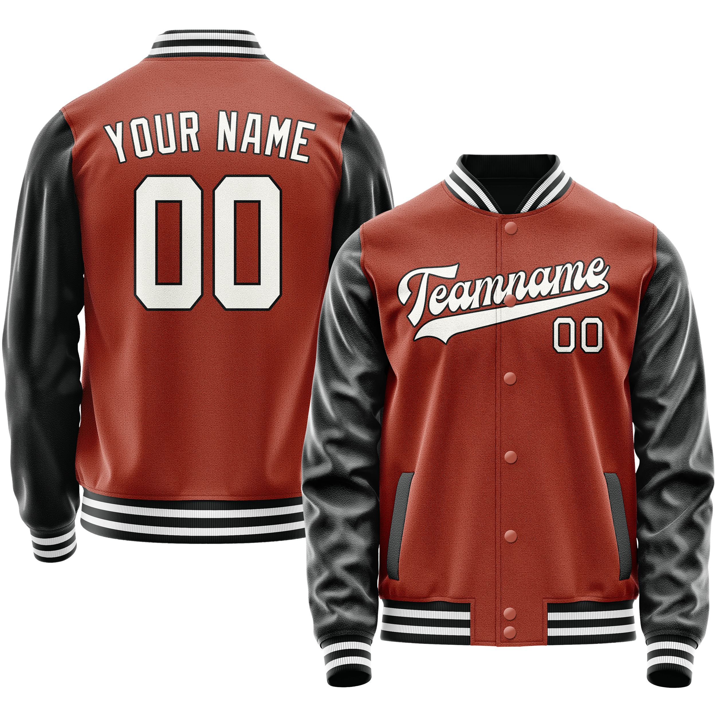 Custom Coral Red Black Solid Color Varsity Letterman Jacket
