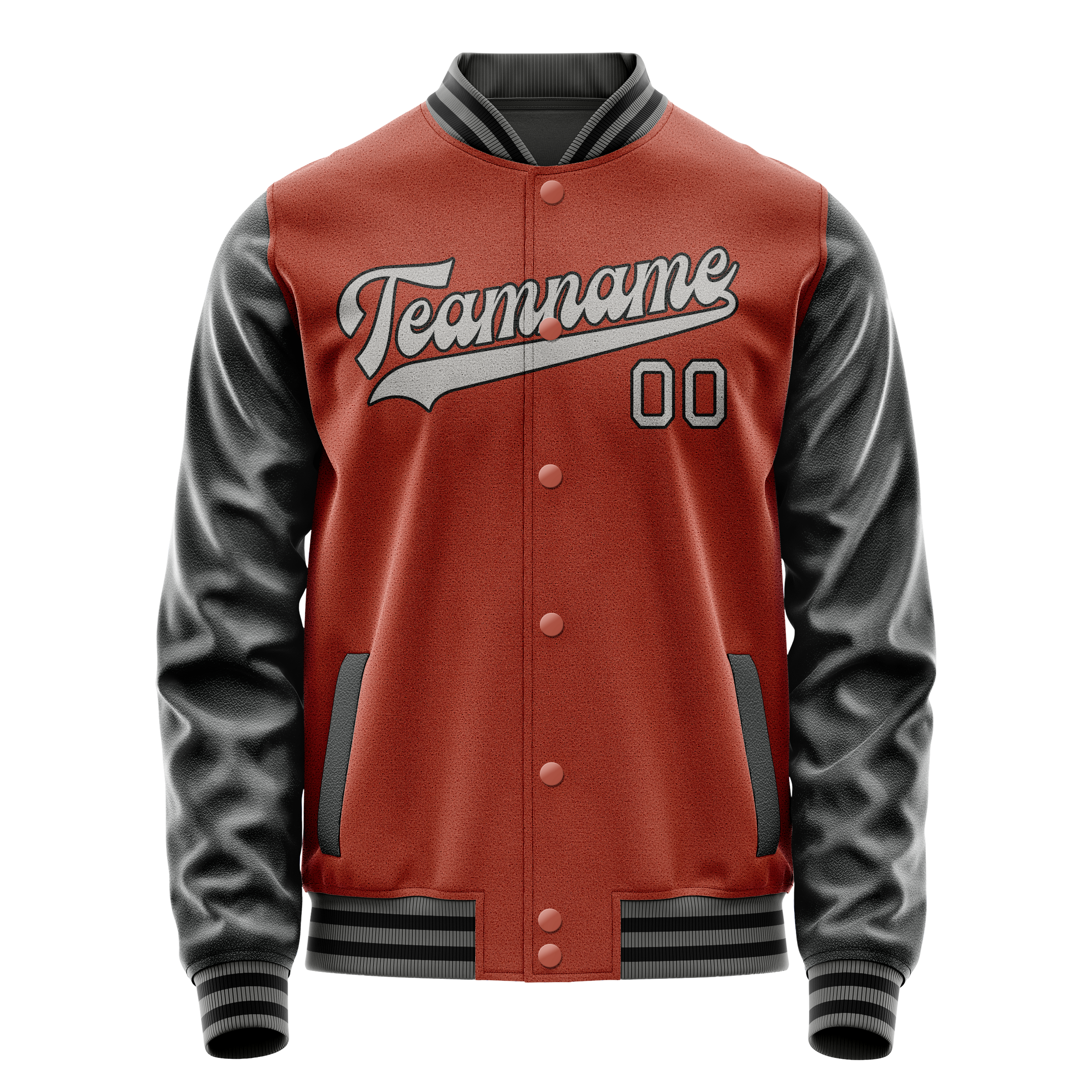 Custom Coral Red Black Solid Color Varsity Letterman Jacket