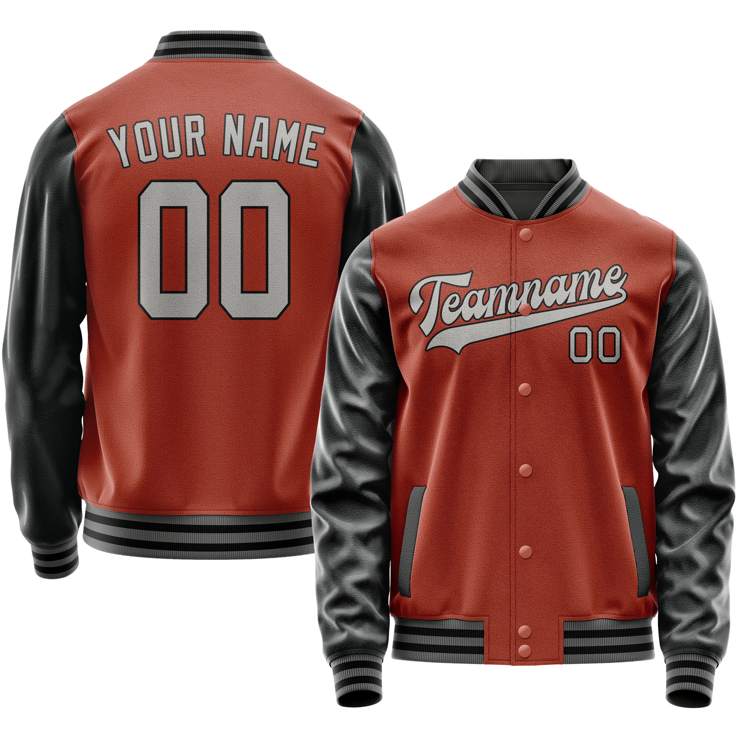 Custom Coral Red Black Solid Color Varsity Letterman Jacket