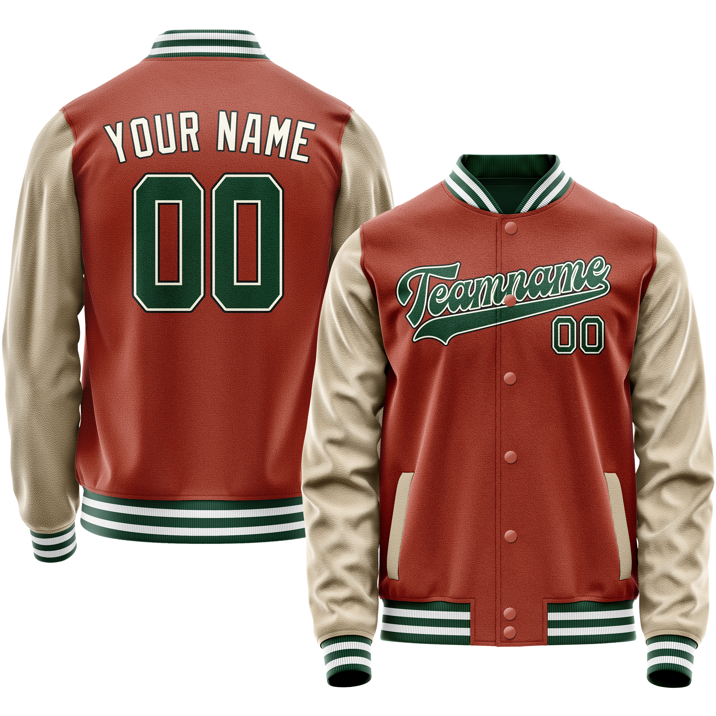 Custom Coral Red Cream Solid Color Varsity Letterman Jacket
