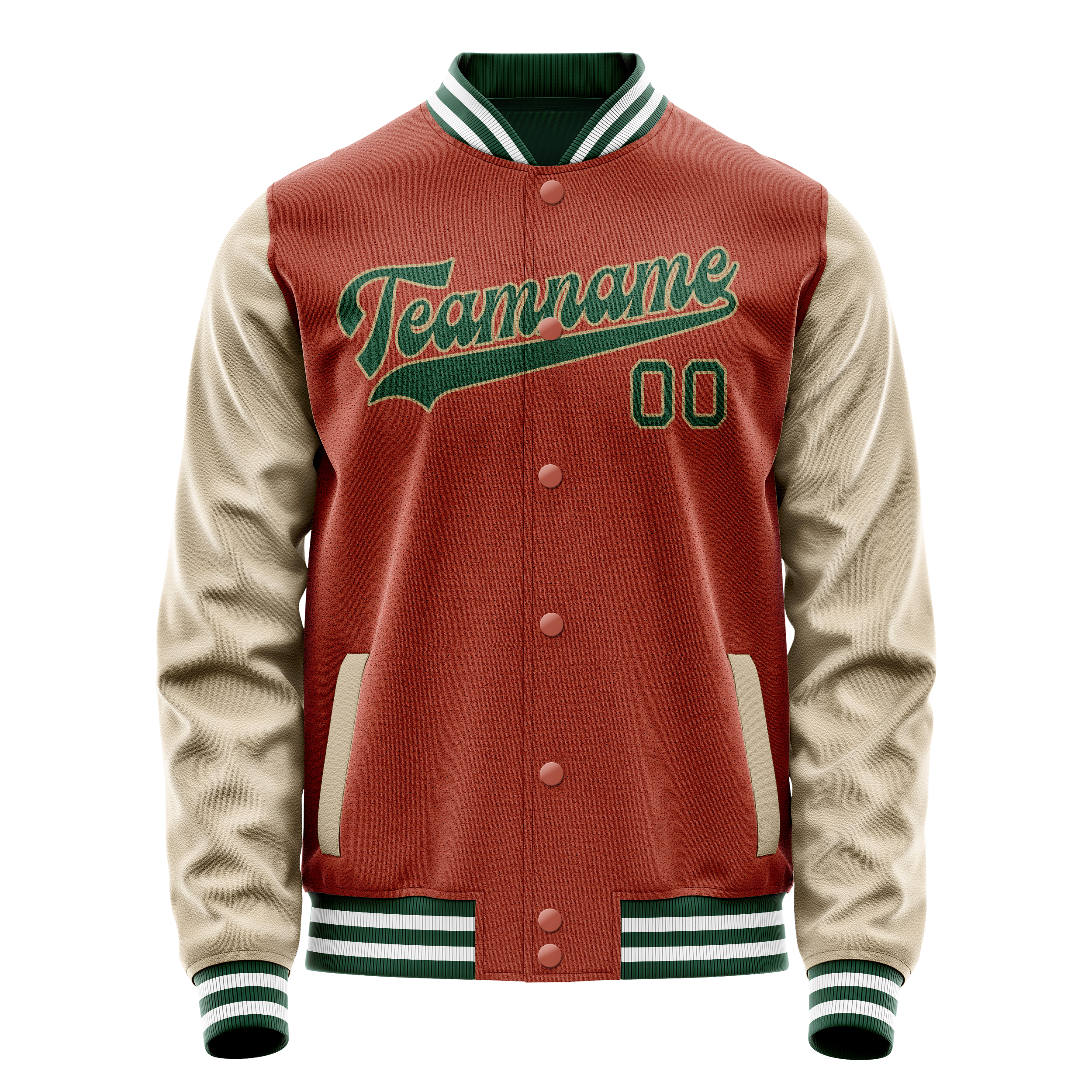 Custom Coral Red Cream Solid Color Varsity Letterman Jacket