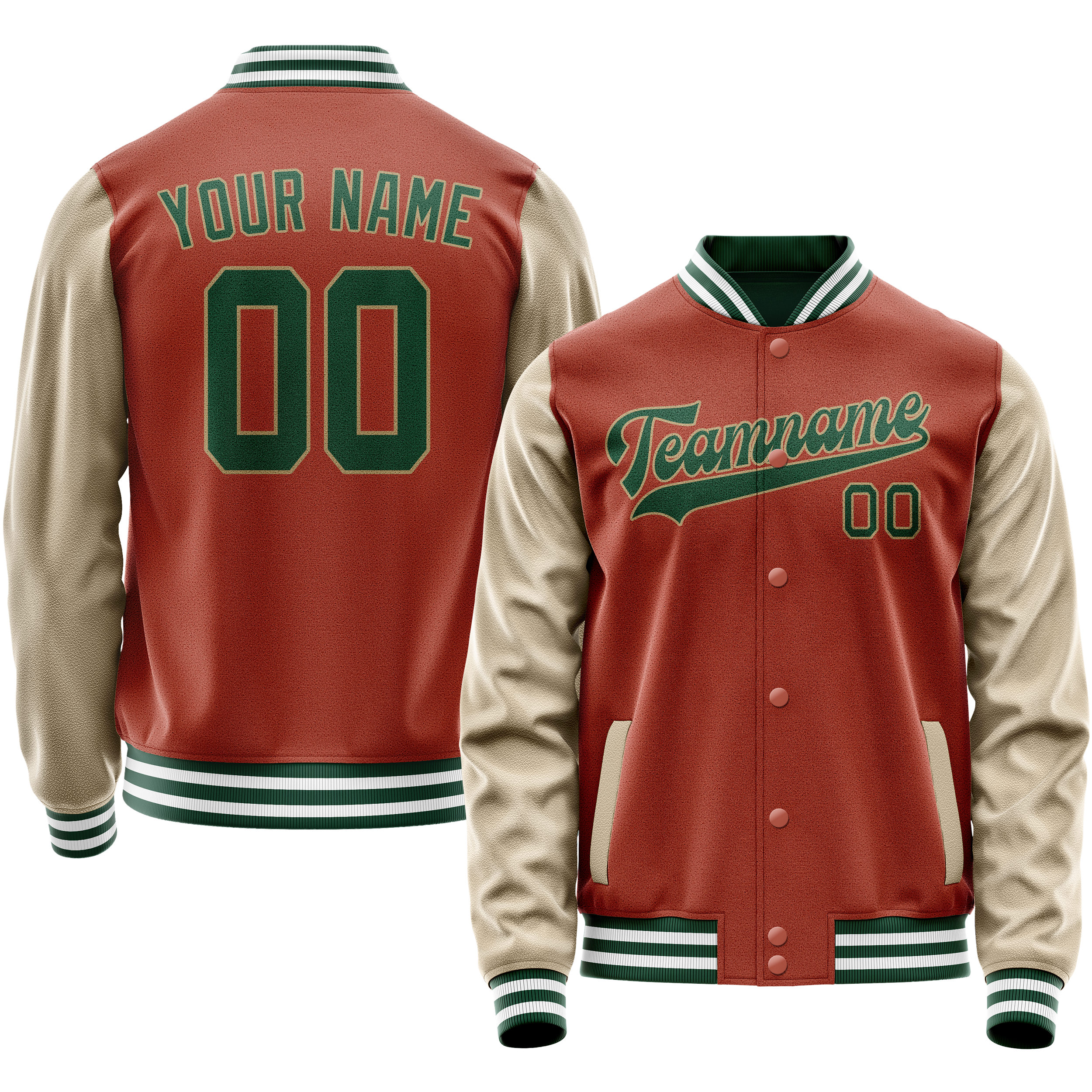 Custom Coral Red Cream Solid Color Varsity Letterman Jacket
