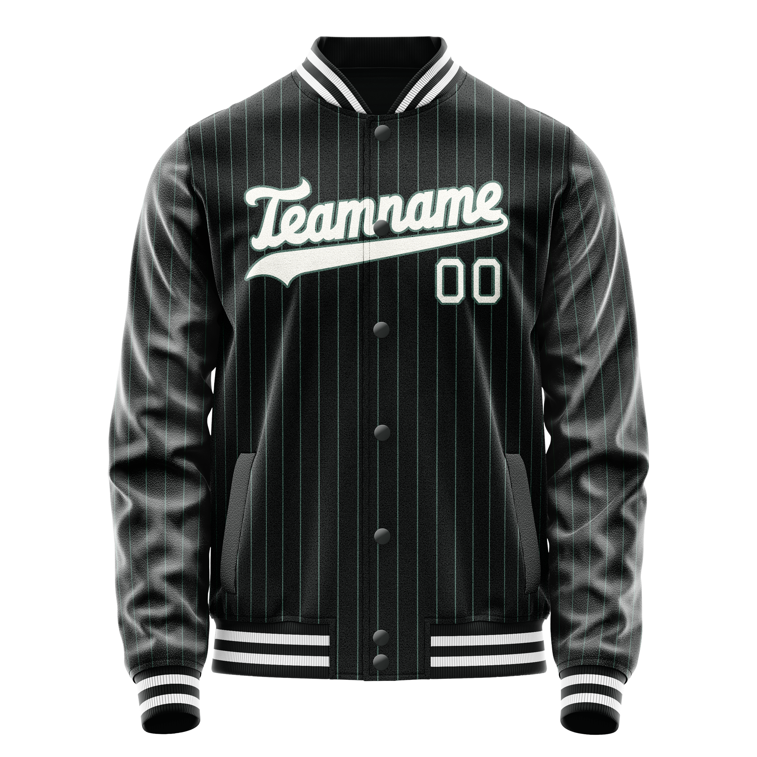 Veste universitaire personnalisée à fines rayures noires, blanches et turquoise