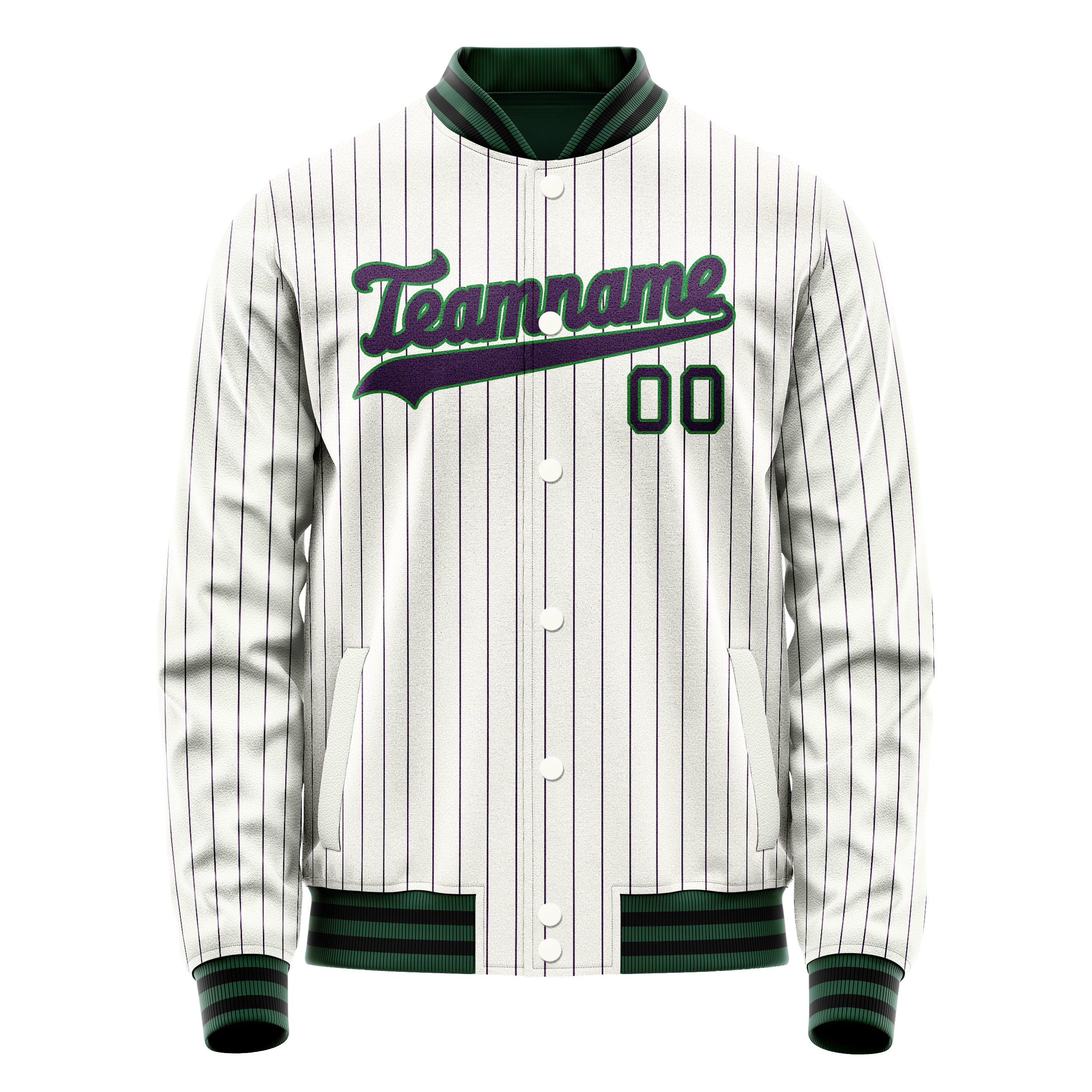 Veste universitaire personnalisée blanche, marine et violette à fines rayures