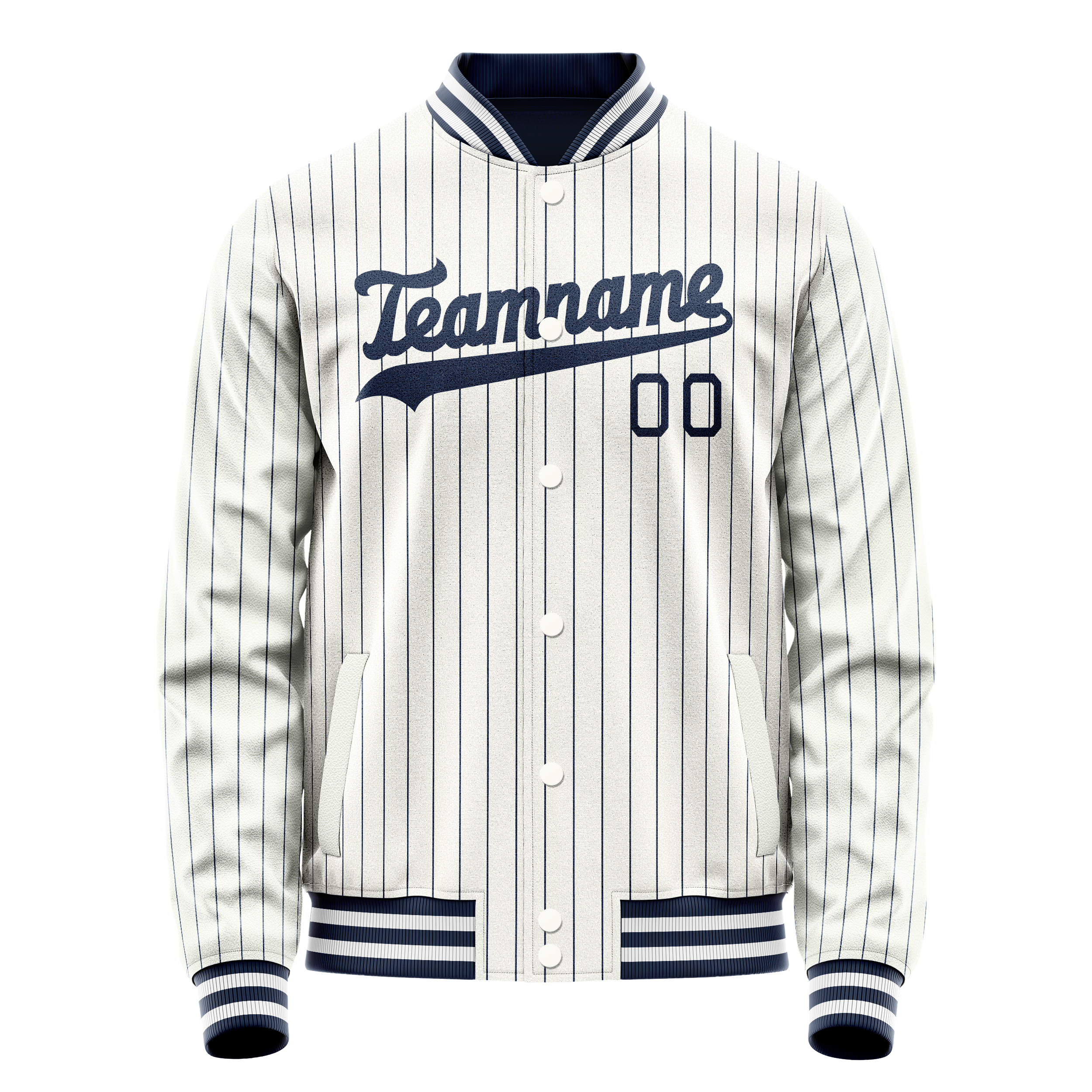 Veste universitaire personnalisée blanche, marine et à fines rayures