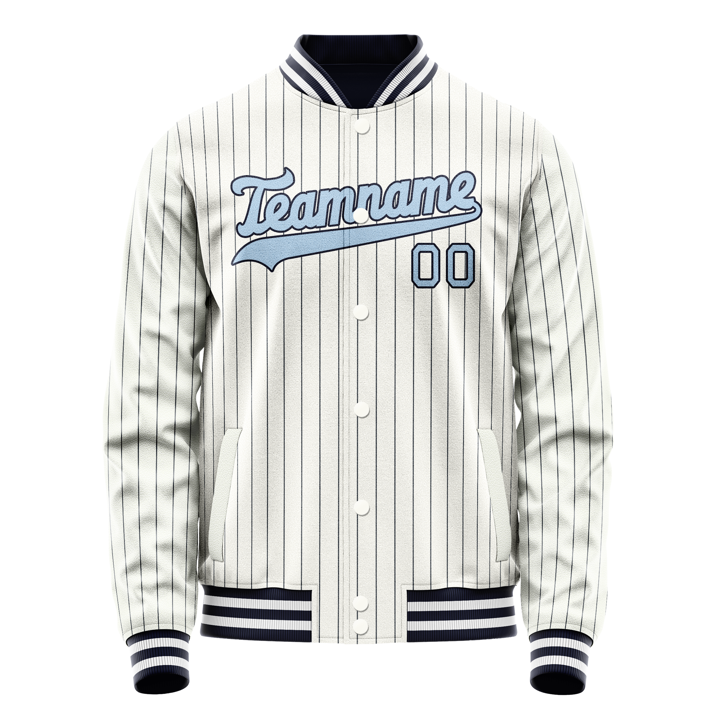 Veste universitaire personnalisée blanche à fines rayures bleu marine