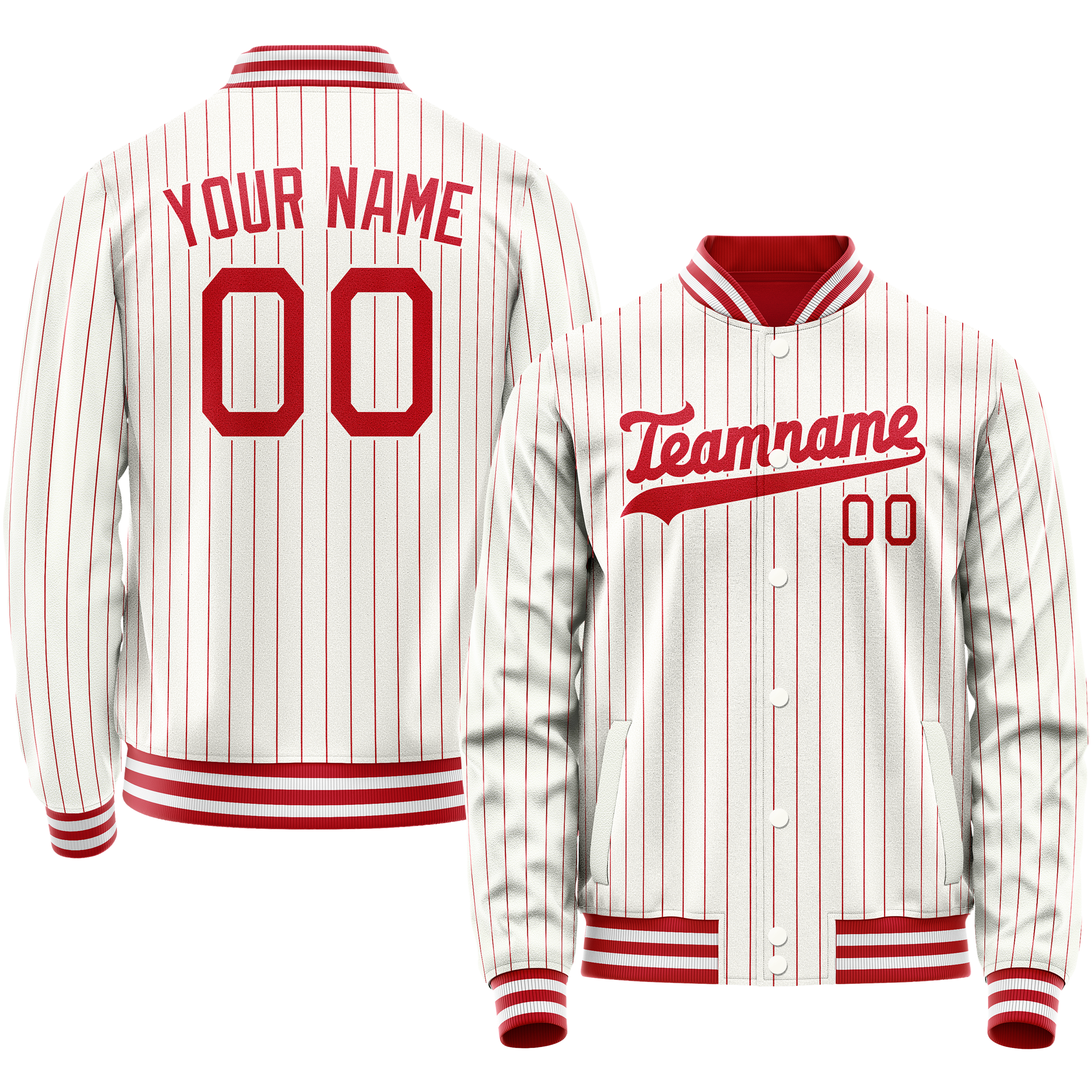 Veste universitaire personnalisée blanche et rouge à fines rayures