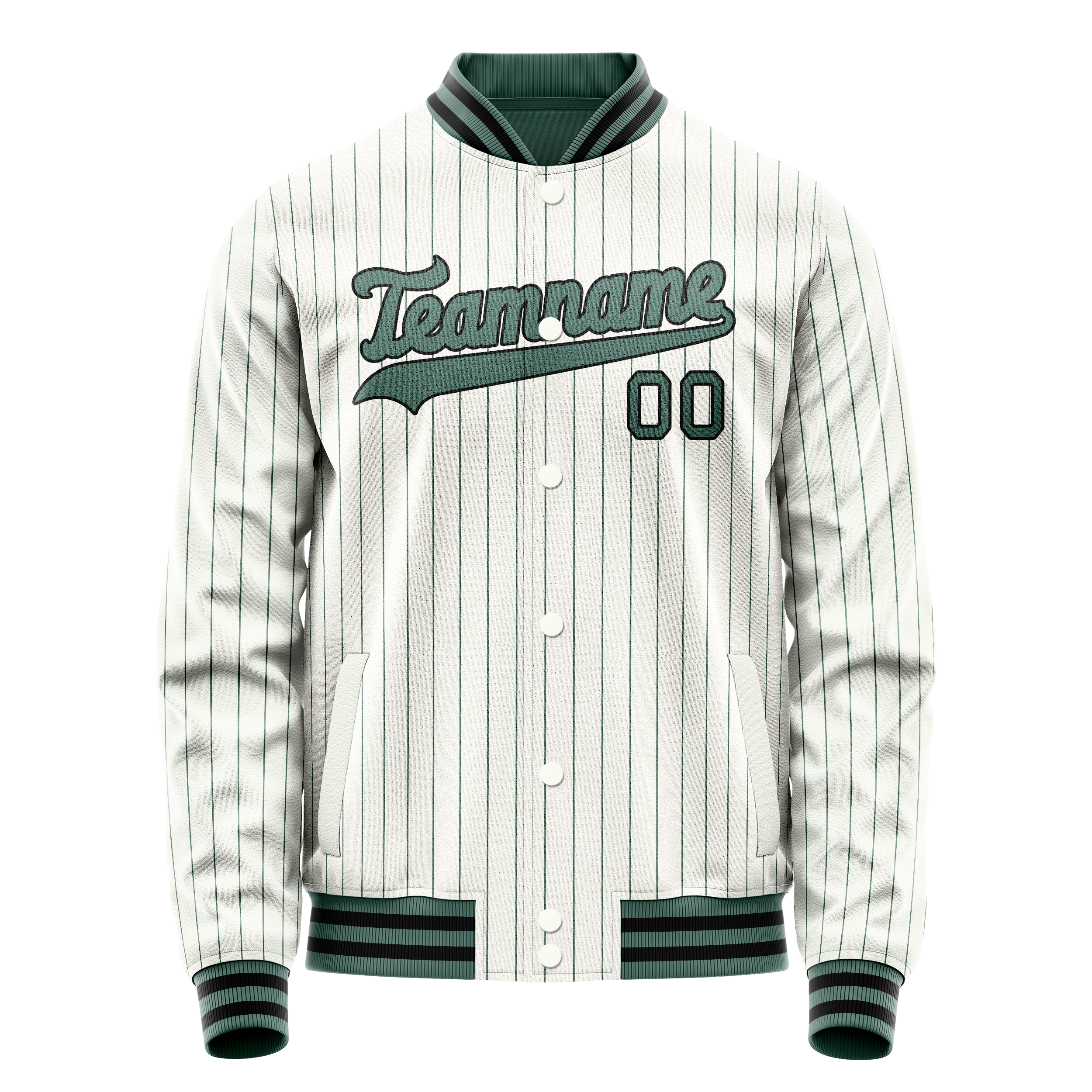 Veste universitaire personnalisée blanche et turquoise à fines rayures