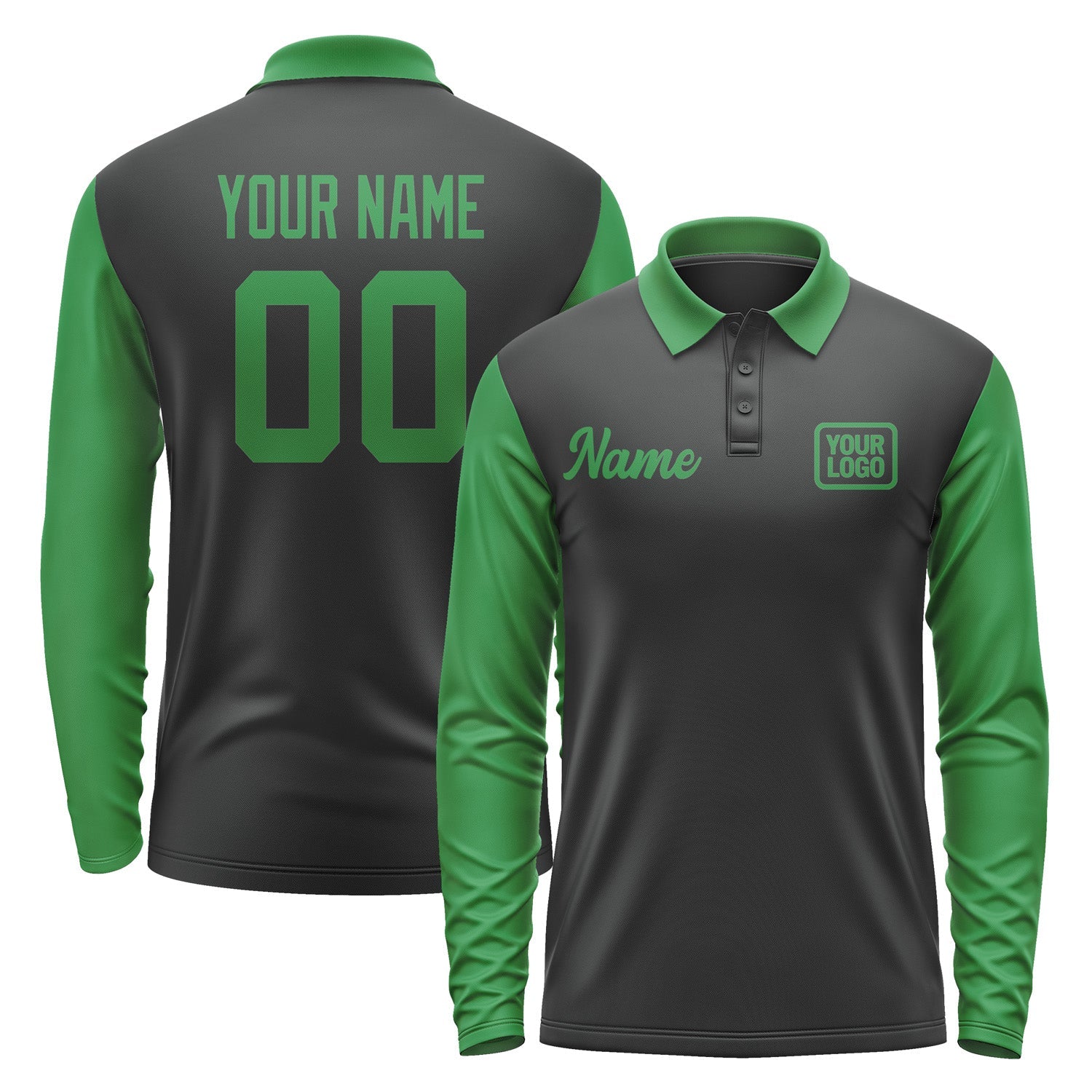 Custom Black Emerald Green Long Sleeve Polo Shirt Pl172424B124