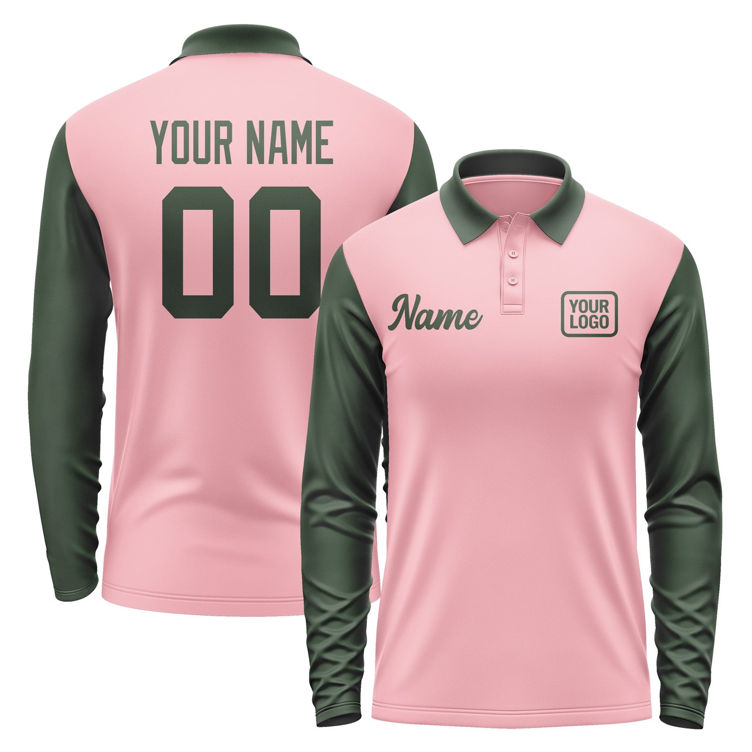 Custom Light Pink Dark Green Long Sleeve Polo Shirt Pl210606B106