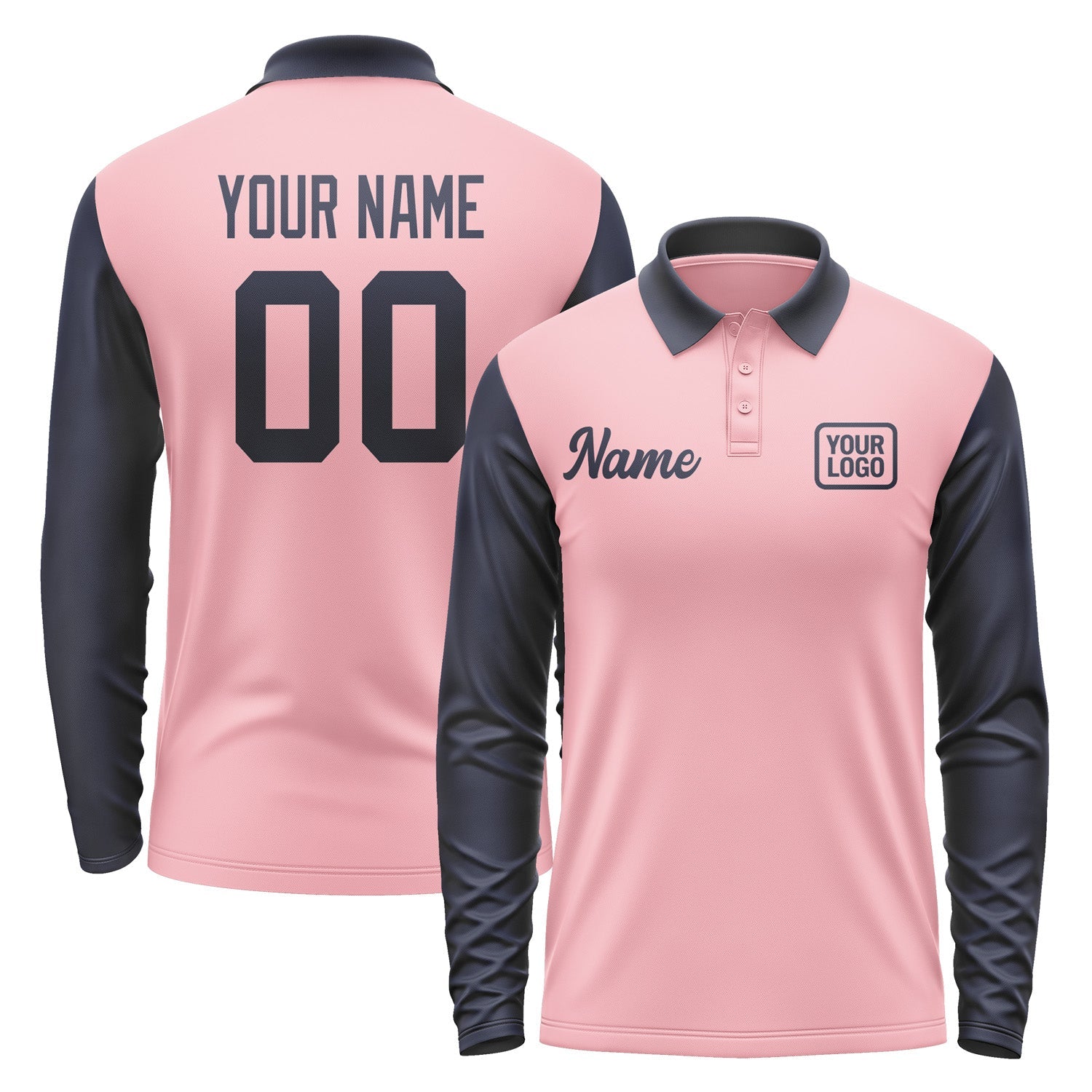 Custom Light Pink Navy Long Sleeve Polo Shirt Pl211111B111